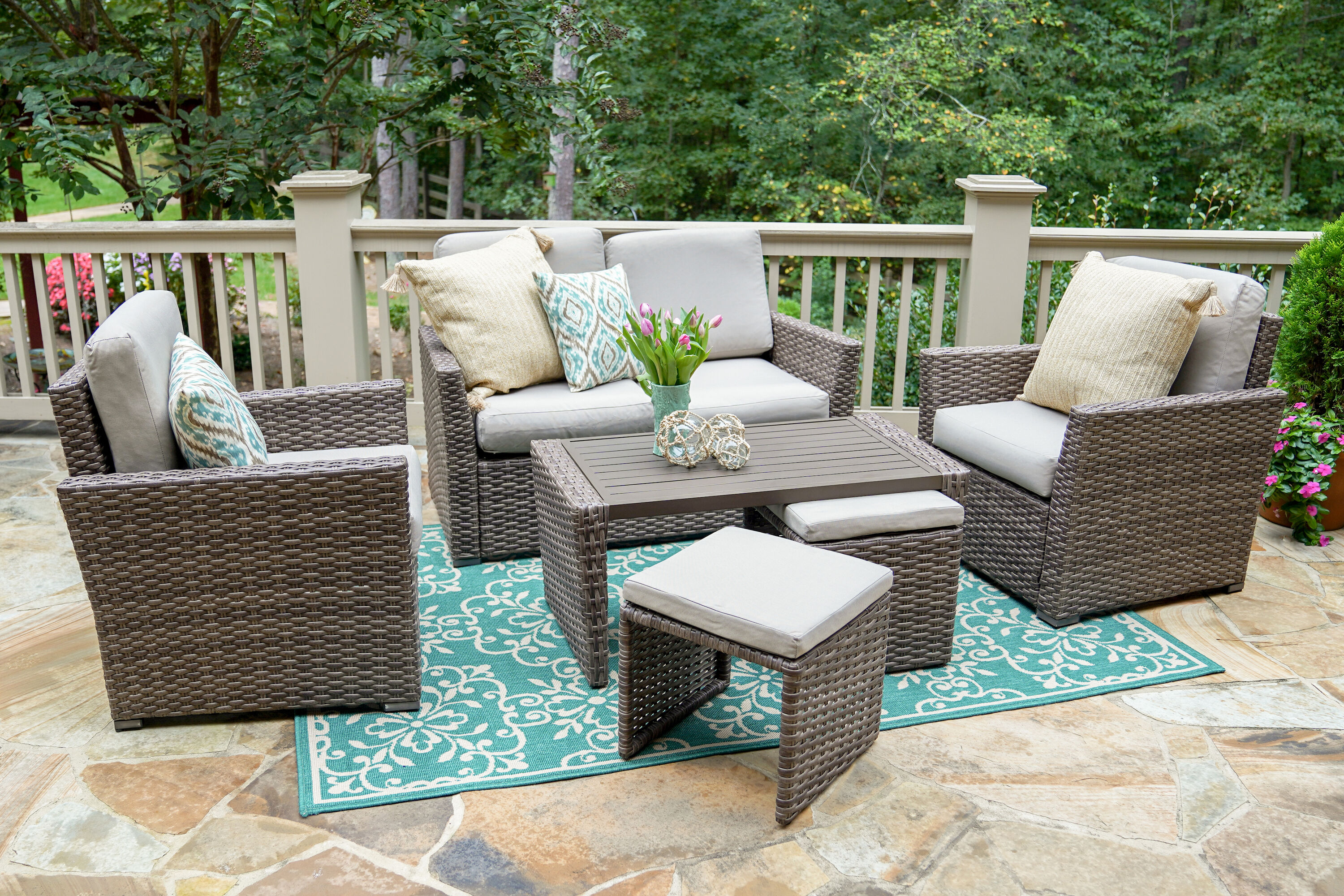 Leisure Made 844019-TAN Newton 6 -Piece Wicker Patio Conversation Set with Tan Solartex Cushions