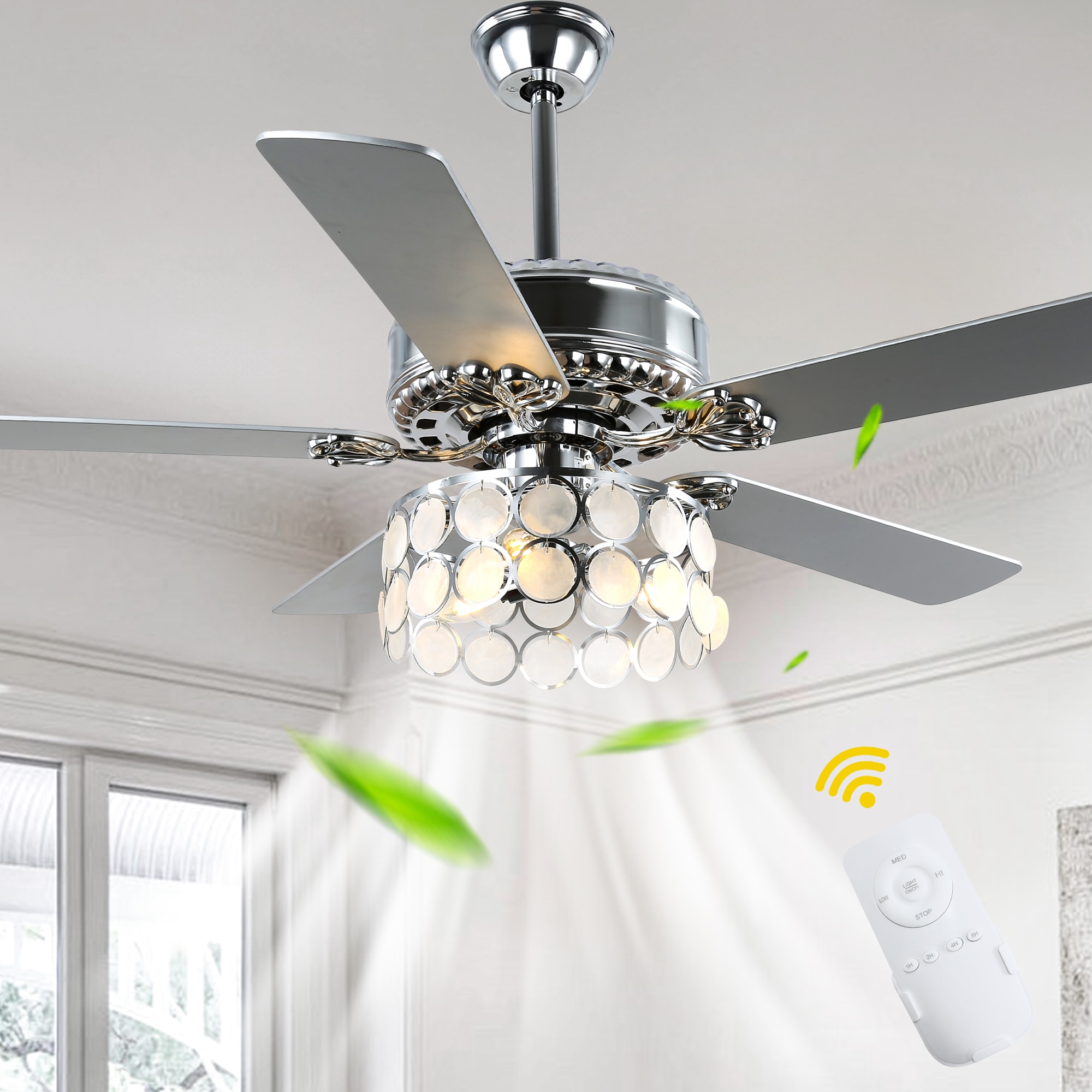 Bella Depot DCFS52H16 Modern 52-in Color-Changing Outdoor Chrome with Silver Blades Ceiling Fan Light Kit Compatible and Remote ( 5 -Blade )