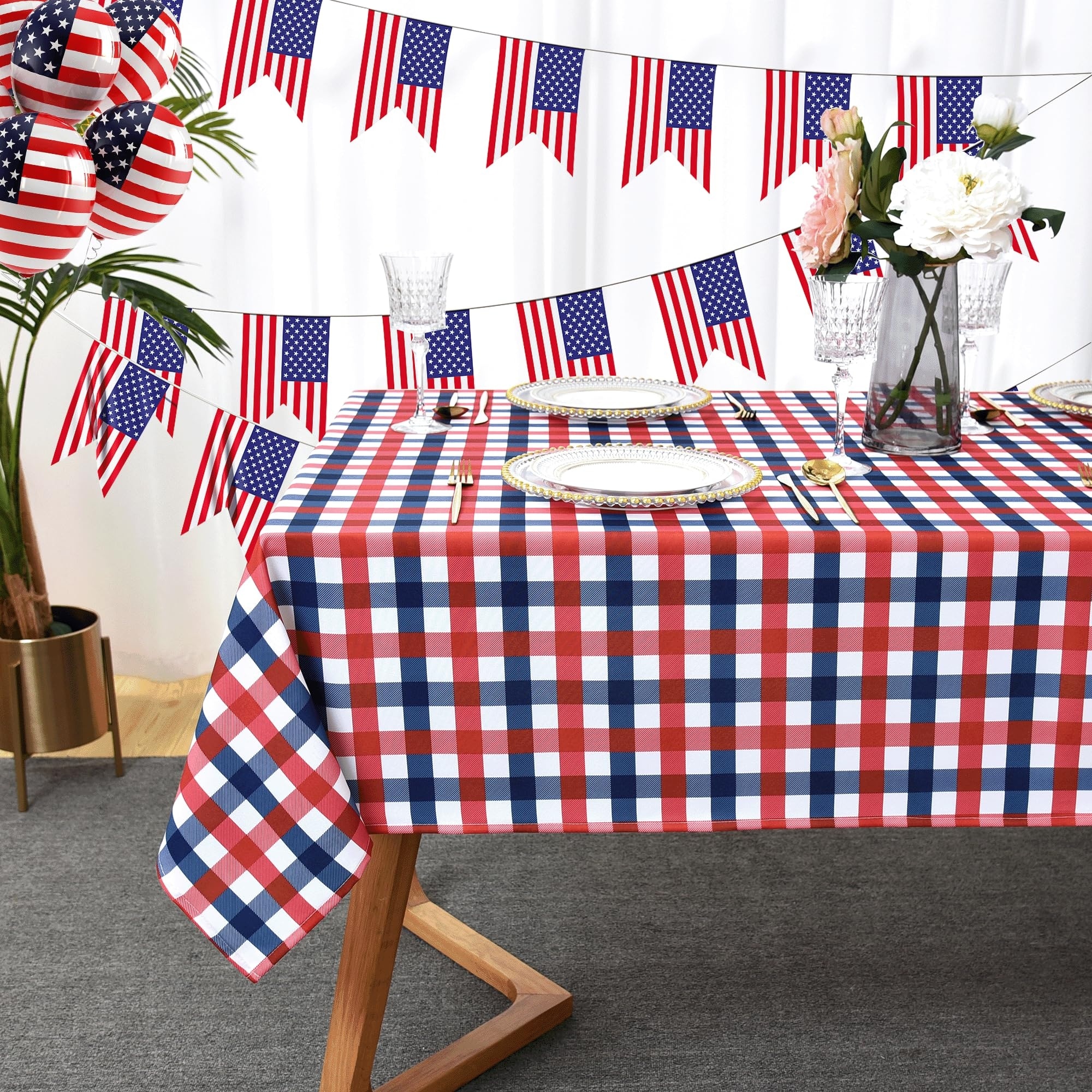 Phewnyzo Waterproof Plaid Tablecloth Fabric Oblong 52x70 Inch Classic Gingham Checker Design Washable Table Cover for Indoor Outdoor Patriotic #LPW0519W077