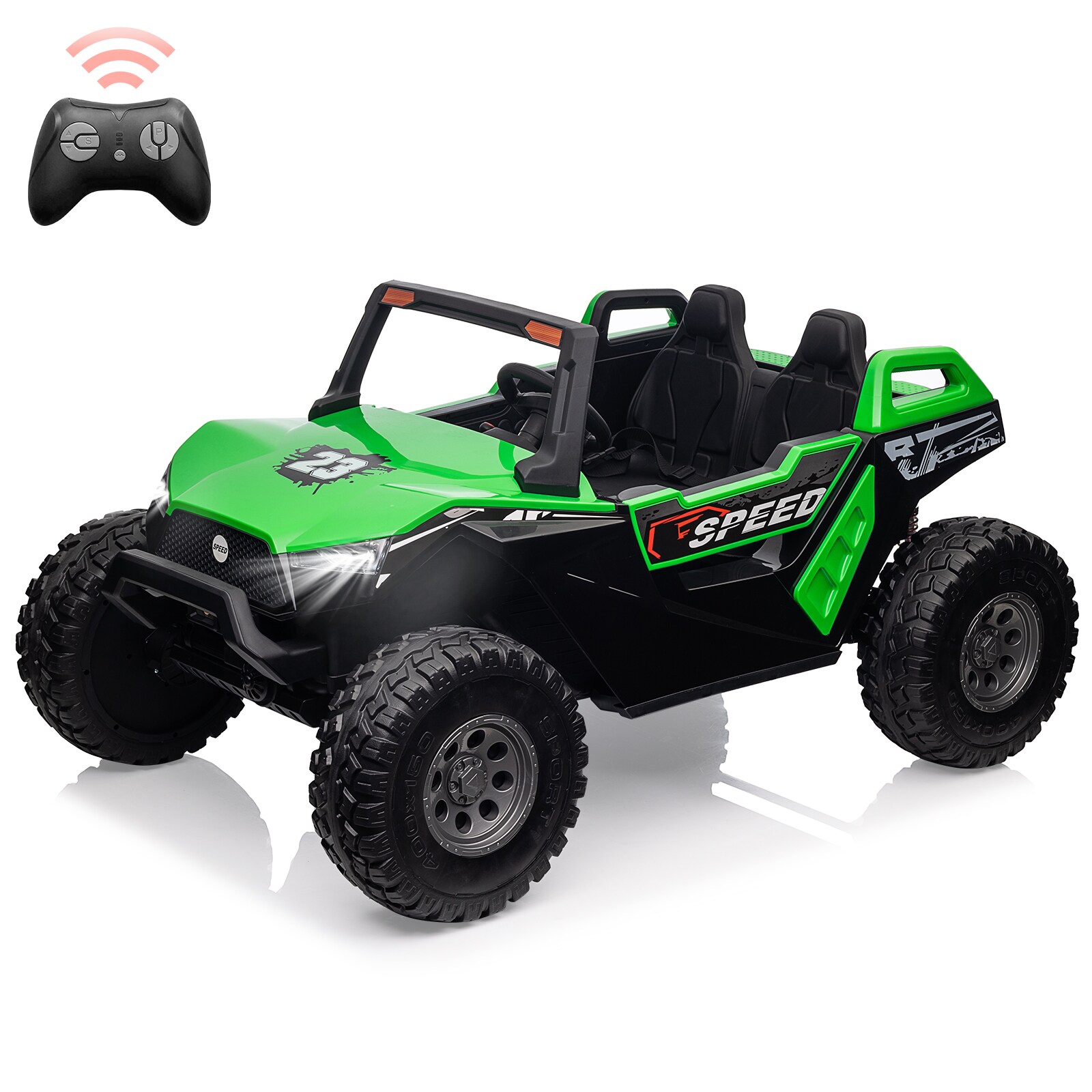 Der Rose RIDE ON CAR-002899 24V 2 Seater Ride On UTV Car For Kids With Remote Control Dual Driving Modes Adjustable Seating Large Eva Wheels Music And Lights Green