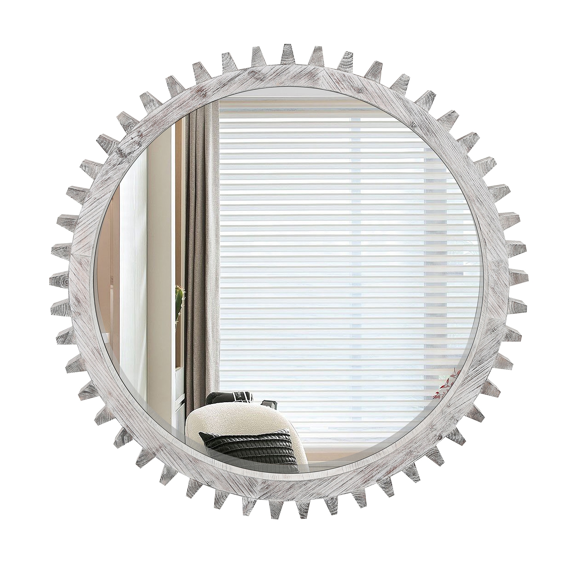 SINOFURN SYD240008LG 34-Inches W x 34.0-Inches H Sunburst White Washed Framed Wall Mirror