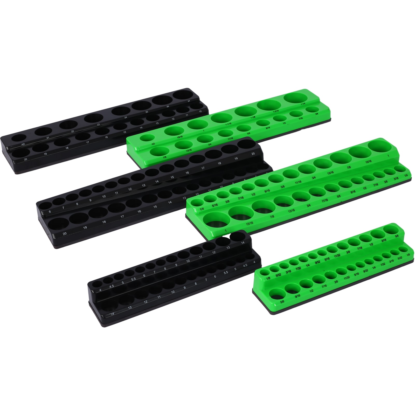 Tatayosi JJ104930 Magnetic Socket Organizer Set 6-Piece Socket Holder Set Includes 1/4 3/8 1/2 Inches Drive Inches Metric SAE Socket Trays Holds 141 Pieces Standard Size and Deep Size Sockets(Socket not Included)green and blue