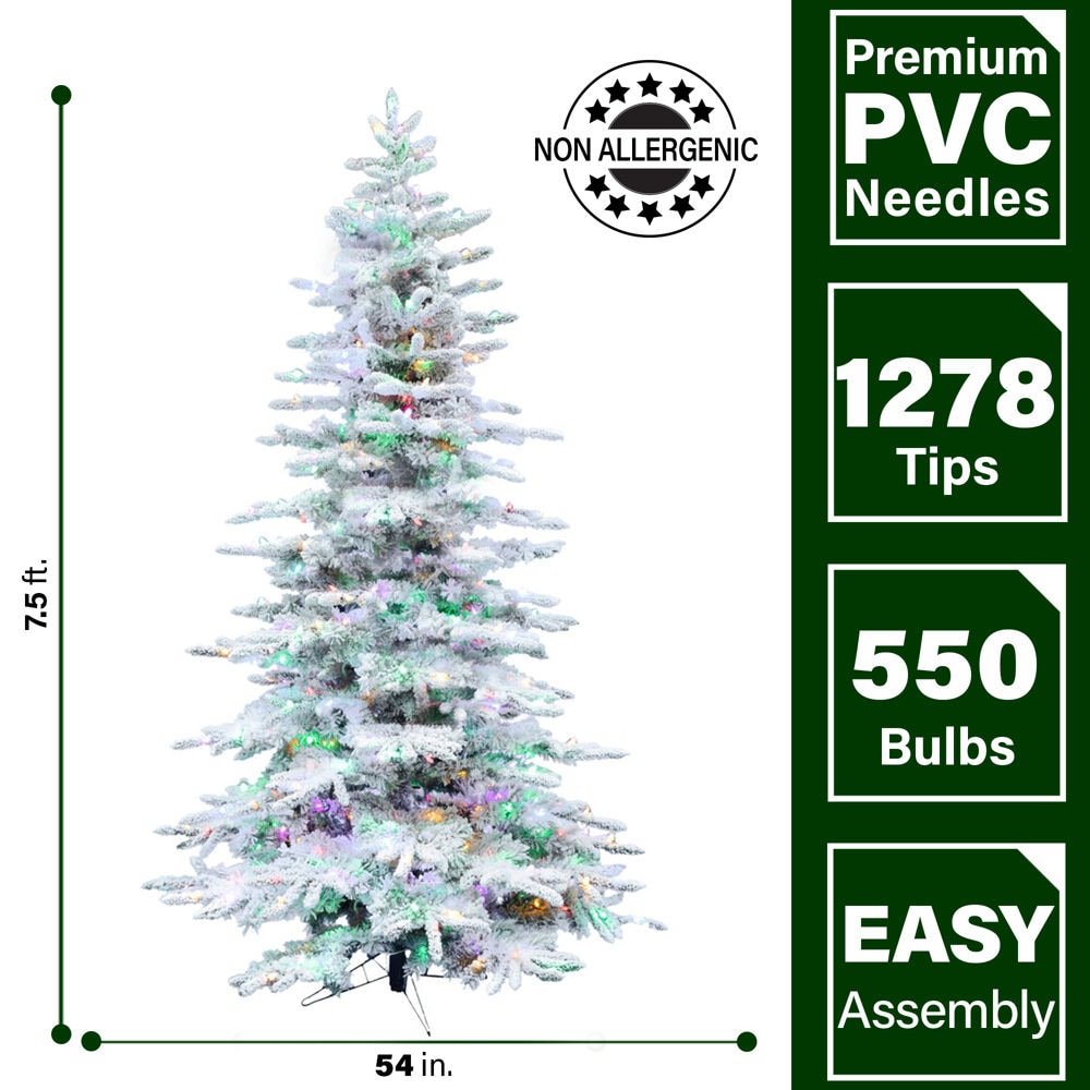 Fraser Hill Farm 7.5-ft Pine Pre-lit Flocked Artificial Christmas Tree ...