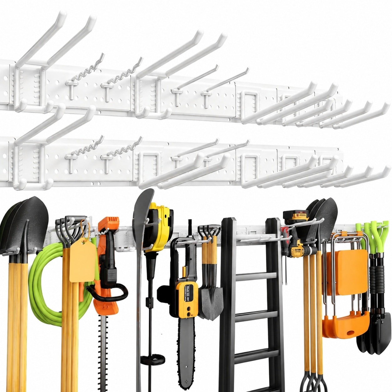 Oyezvary  Garage Tool Organizer Wall Mount 99 Inch with 18 Adjustable Heavy Duty Hooks for Garden Yard Shed Storage Holds Up to 750 Pounds White
