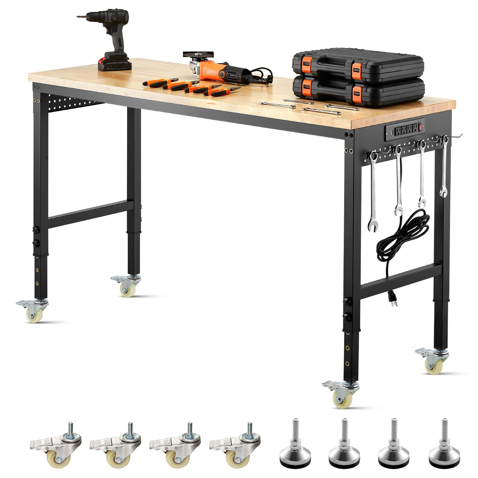 HyperDrop Cart 60in Workbench on Wheels/ Adjustable Height Table with Power Outlet and Pegboard/ Portable for Garage and Workshop
