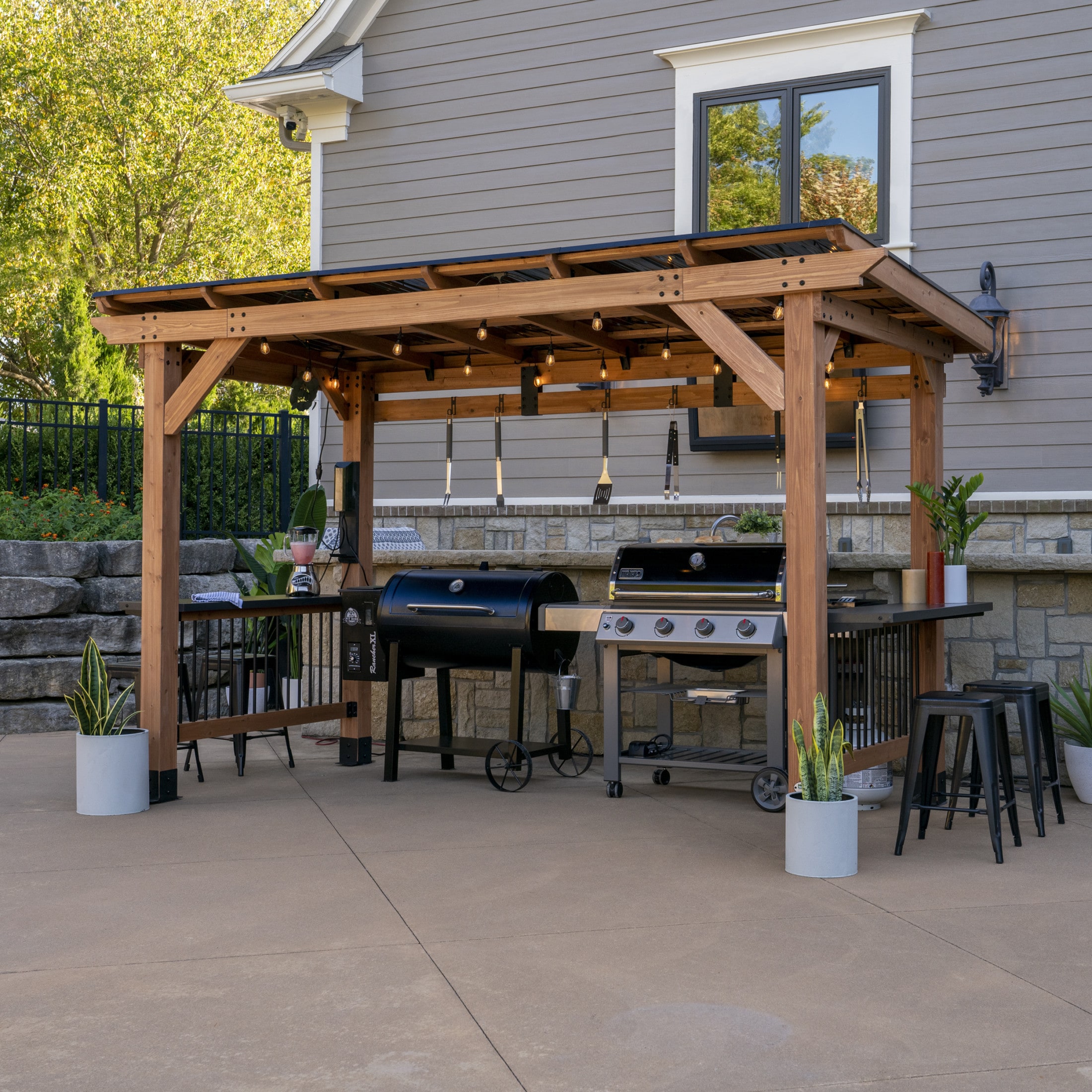 Backyard Discovery 2206083COM 7-ft x 12-ft Brown Rectangle Grill Gazebo with Hardtop Steel Roof
