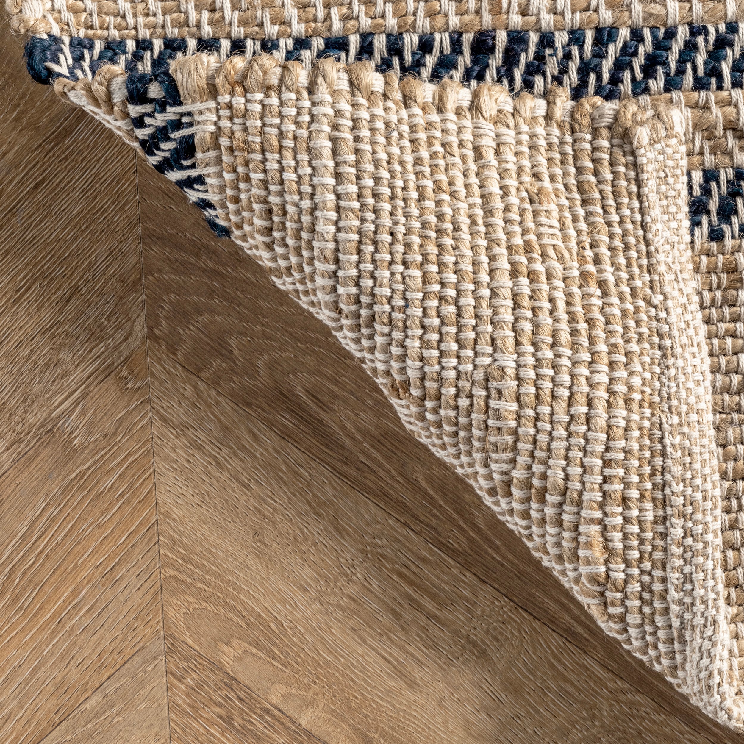 Natural Jute Flatwoven Area Rug with Blue Stripes, 5' x 8'