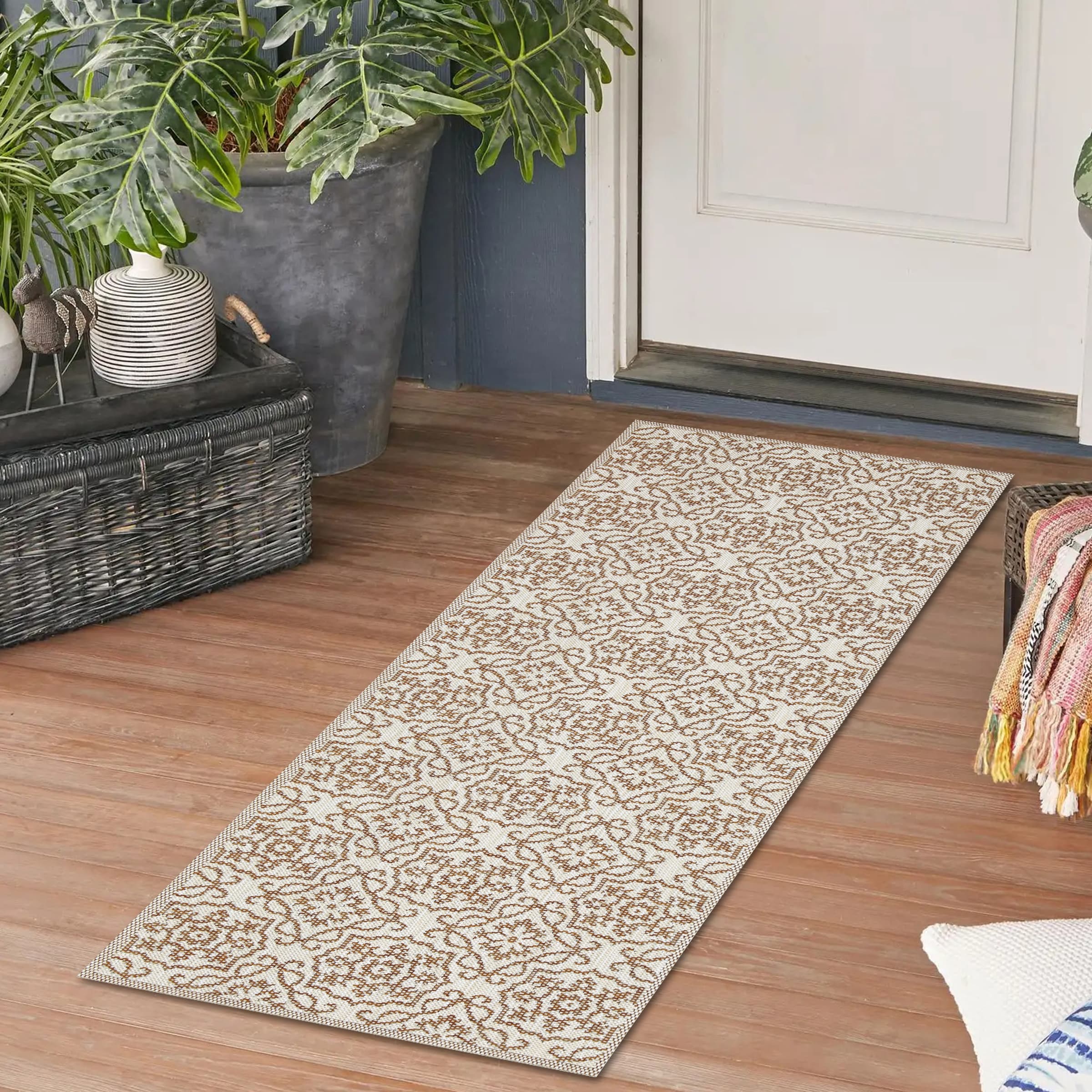 Playa Rug PLY-ELZ-BRICK-2X8 2 x 8 (ft) Knotted Sisal Eliza-Taupe Ivory Rectangular Indoor/Outdoor Damask Machine washable Pet Friendly Area rug