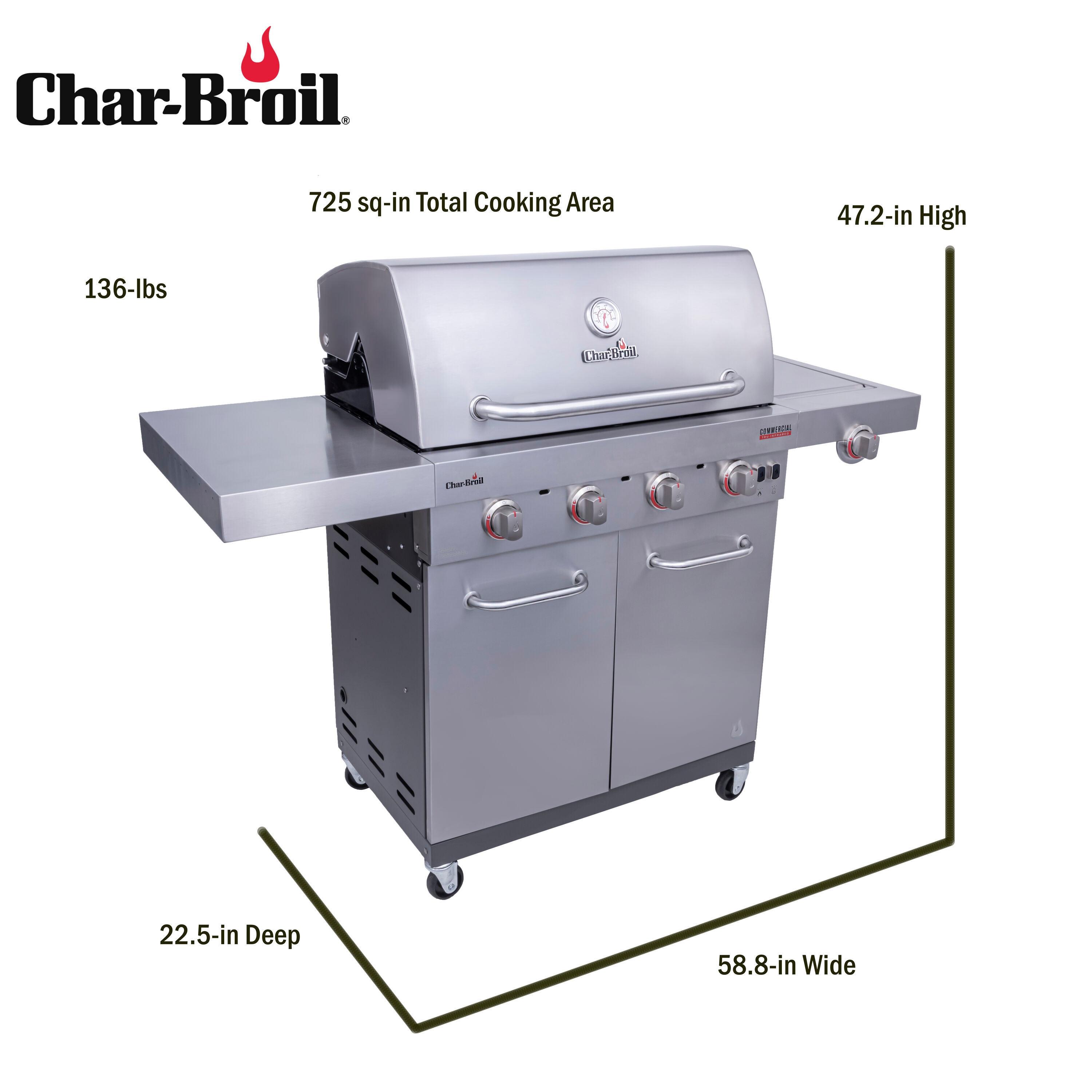 Char Broil Commercial Series Stainless Steel 4 Burner Infrared Liquid Propane and Natural Gas Grill with 1 Side Burner 463257520 at Lowes