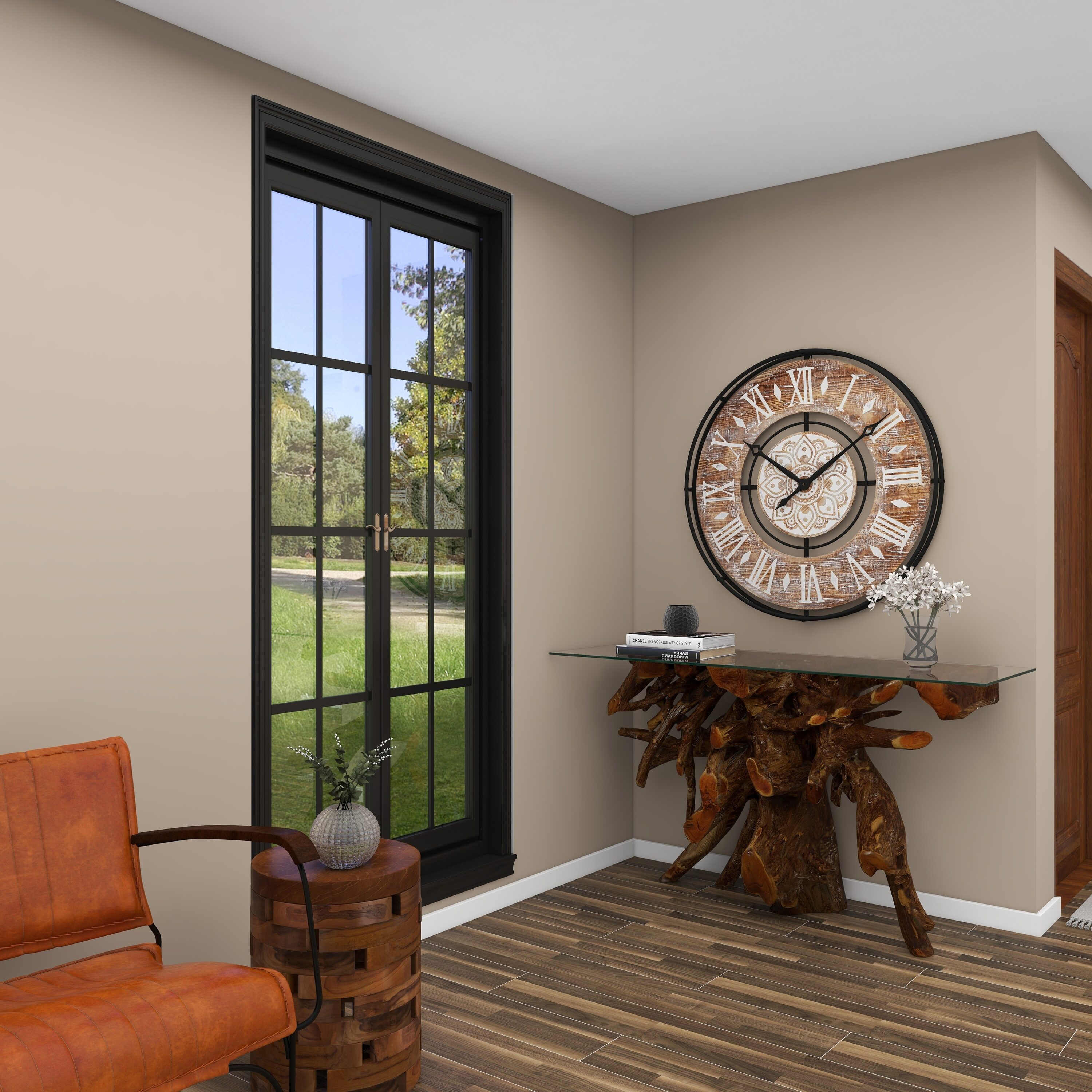 34" Brown Metal and Wood Industrial Wall Clock
