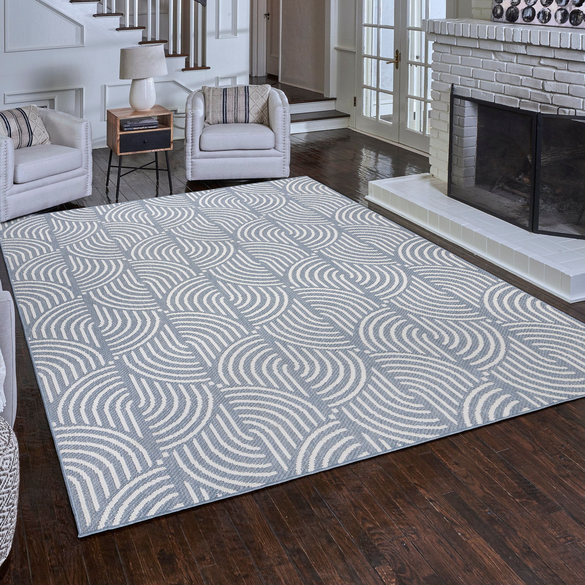 allen + roth 23101 Rounded Shores 8 x 10 (ft) Polyester Light Blue Rectangular Indoor Geometric Area rug