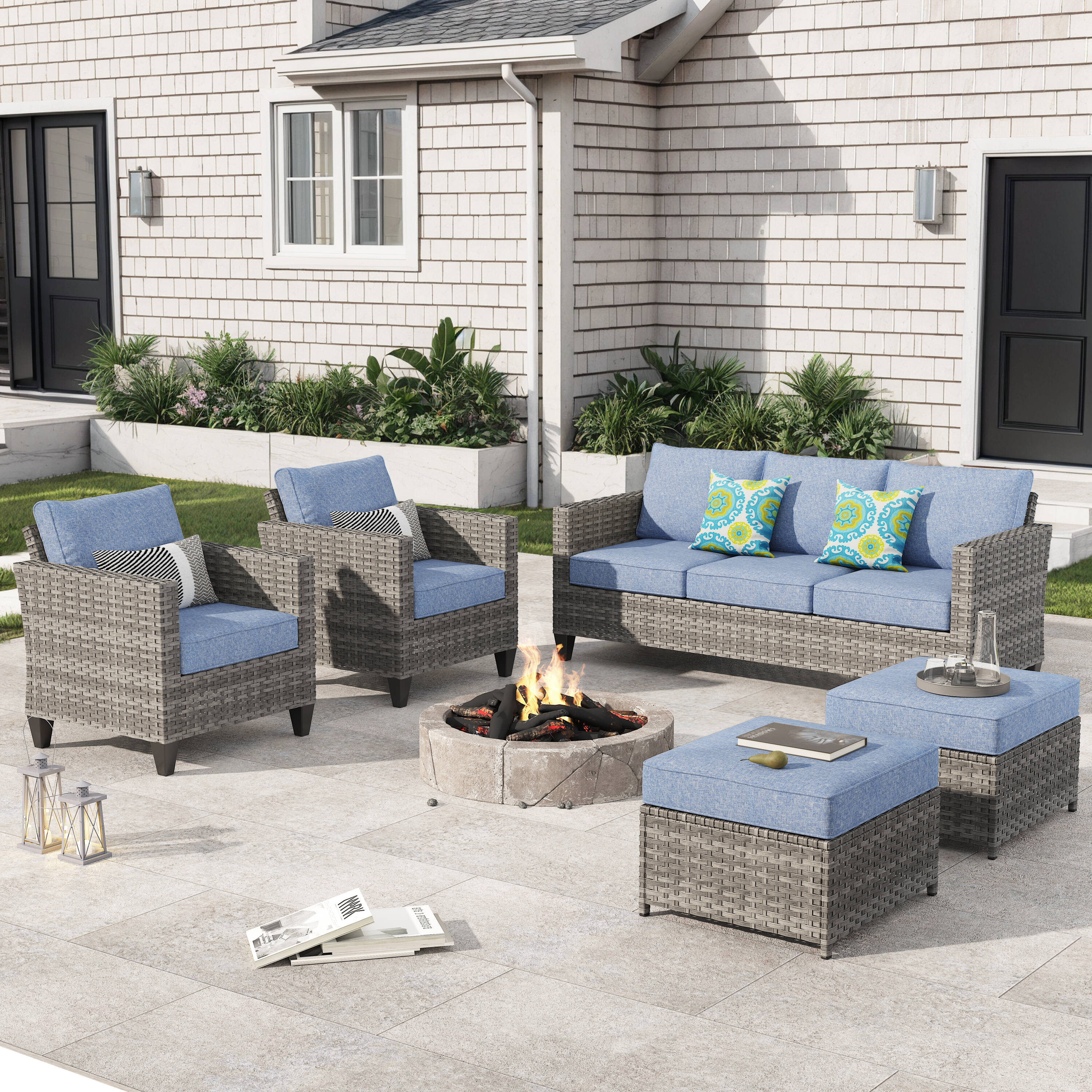 Pouuin SGR305 5 -Piece Wicker Patio Sofa Conversation Set with Blue Cushions