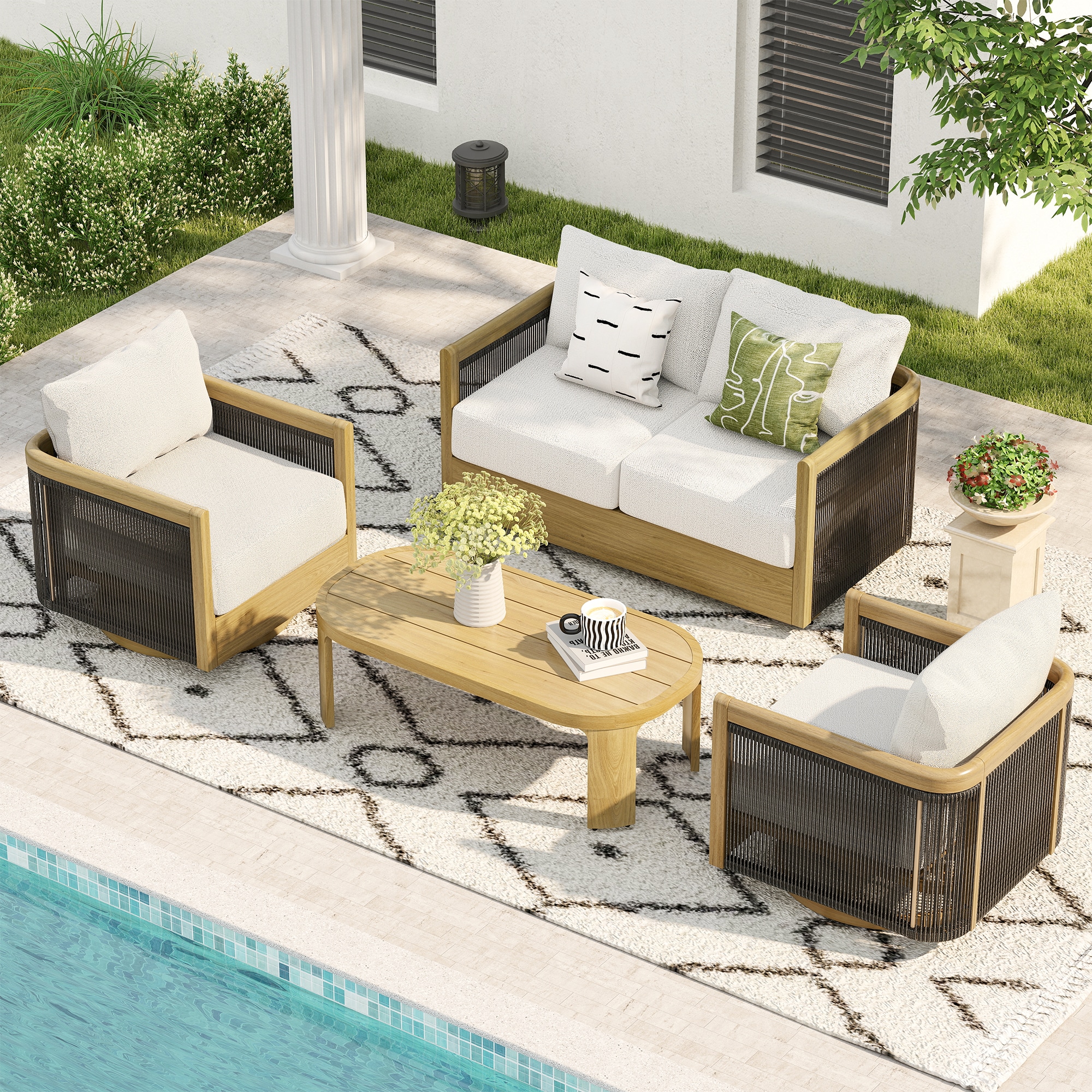 4 -Piece Woven Patio Conversation Set with Off-white Cushions Included ...
