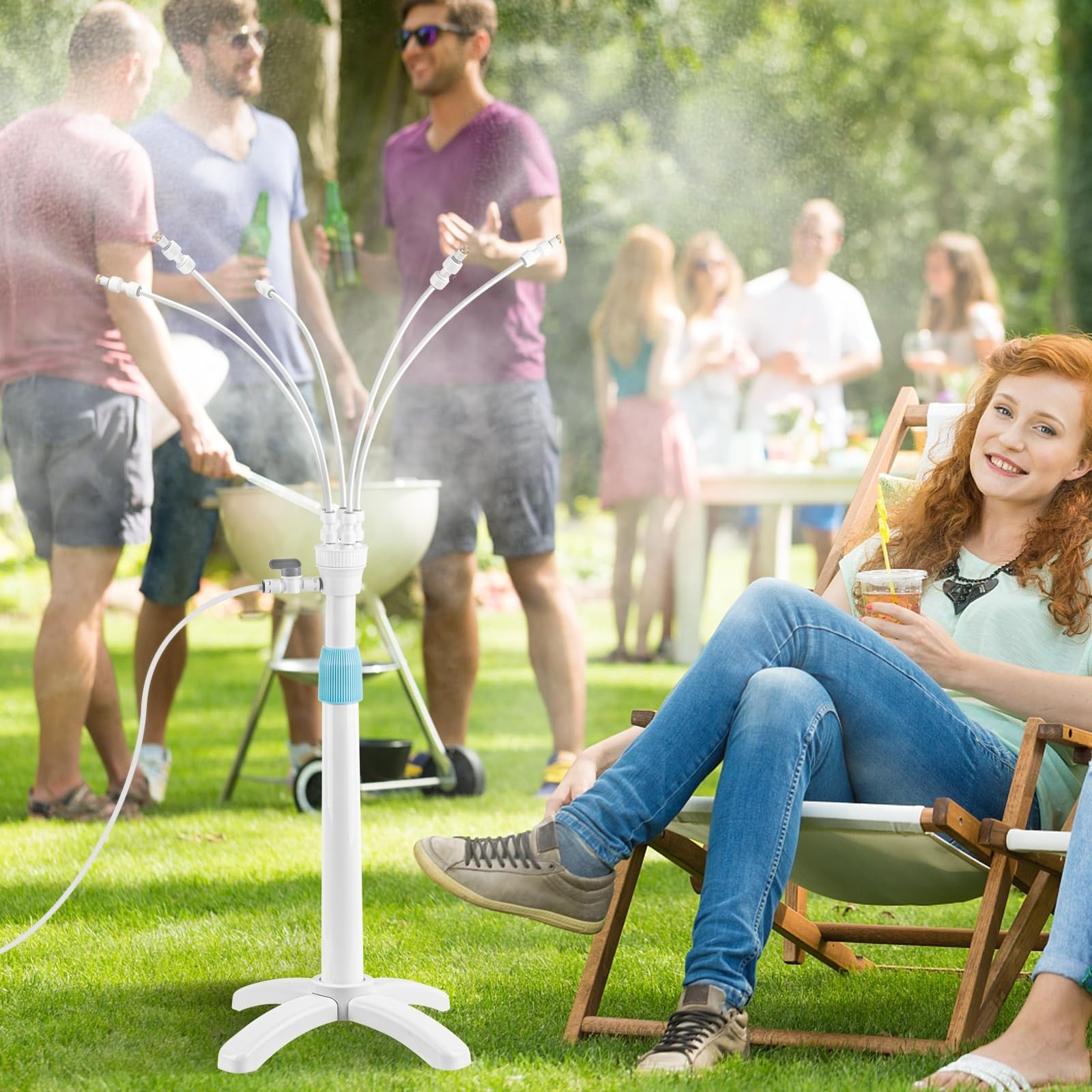 ITOPFOX  Outdoor Patio Misting System 5 Brass Nozzles 26FT Tubing Adjustable Riser Tube Up to 46 Inch Weighted Base 1 Set for BBQ Pool Cooling