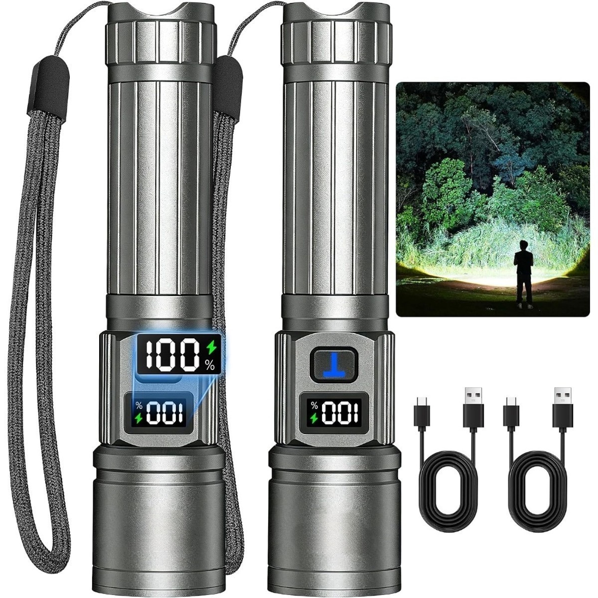 LIUSXAQI  2 Pack Rechargeable Flashlights High Lumens LED Tactical Flashlight with LCD Display USB C Charging 5 Modes Zoomable Water Resistant for Home Emergencies Camping