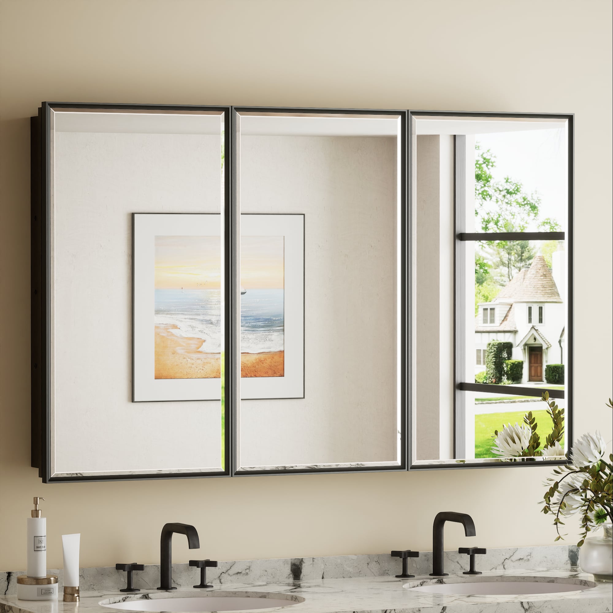 Keonjinn LW-JSKJG-FJ-12176BK 48-in x 30-in Surface/Recessed Mount Brushed Black Mirrored Rectangle Soft Close Medicine Cabinet
