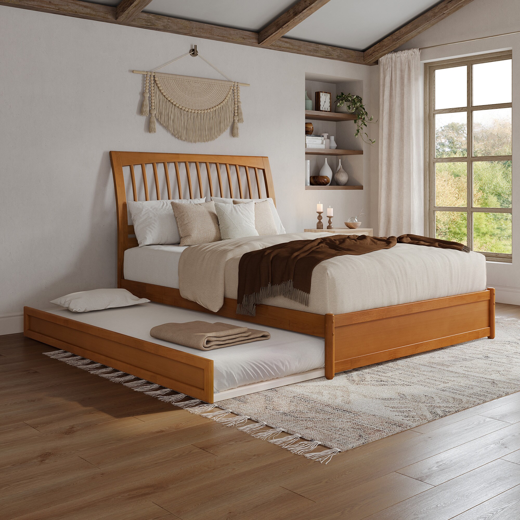 AFI AR928724T Queen Light Toffee Wood Trundle Bed with Headboard