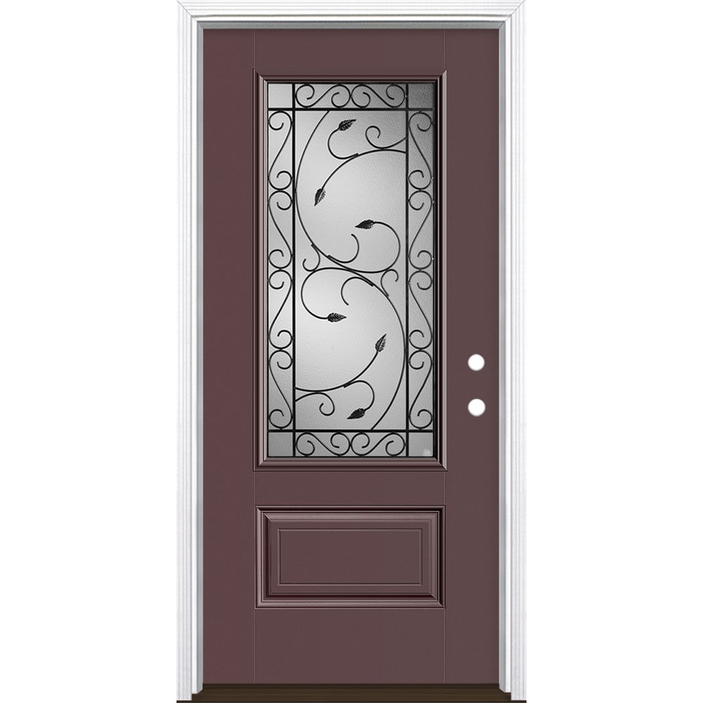 Masonite 3422501 Pergola 36-in x 80-in x 4-9/16-in Fiberglass 3/4 lite Left-hand inswing Currant Painted Prehung Single door Front Door with Brickmould Insulating core Decorative glass