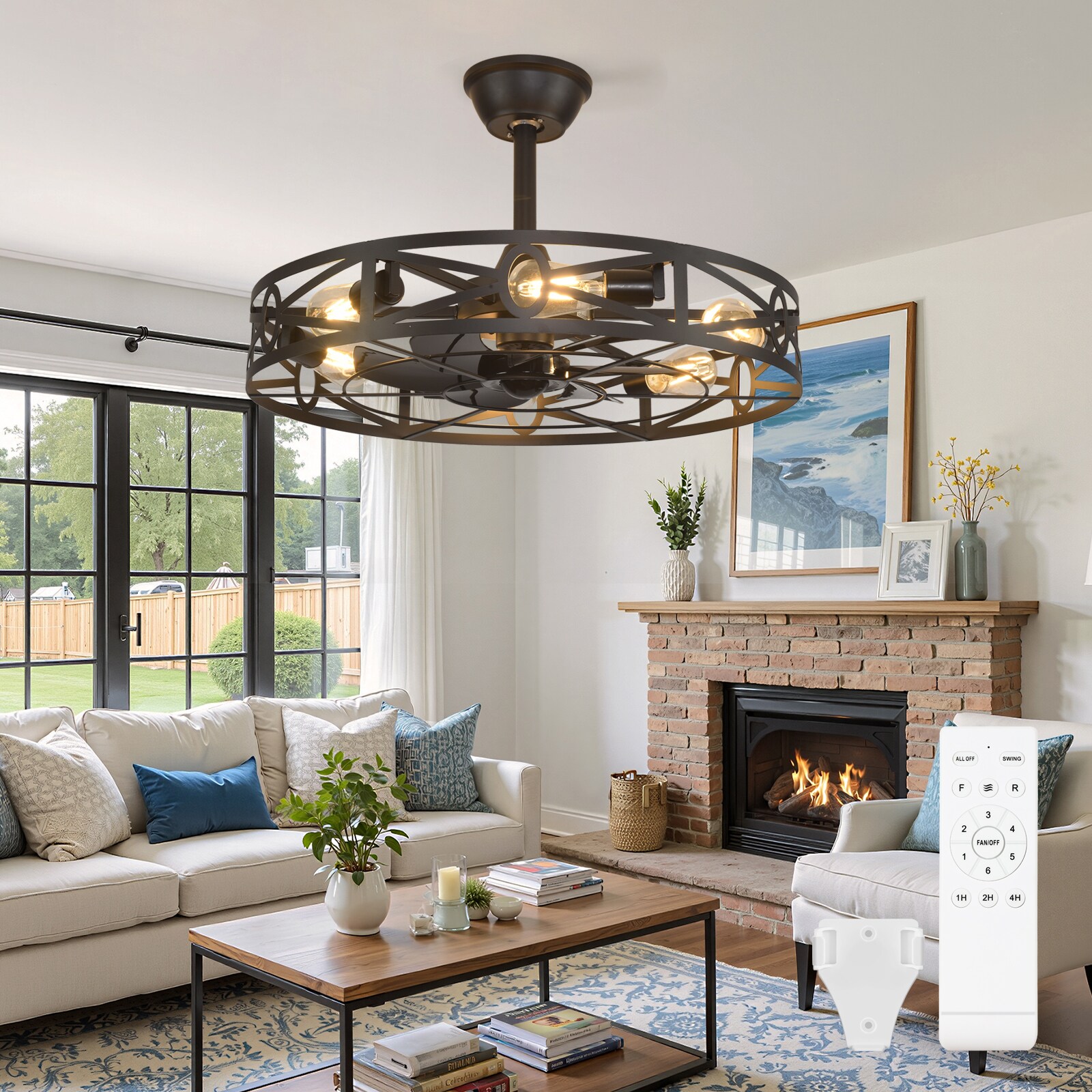 Dovanpaul 24 Inch Black Metal Caged Farmhouse Semi Flush Ceiling Fan with Lights Remote Controlled Reversible Motor 6 Speed Timer For Kitchen Bedroom