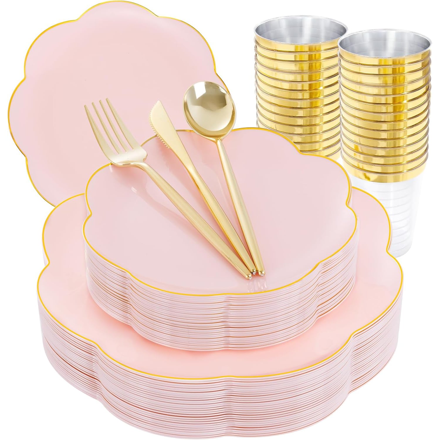 Etokfoks  pink disposable plastic plates with gold plastic silverware 180 piece party dinnerware set for birthdays baby showers and elegant