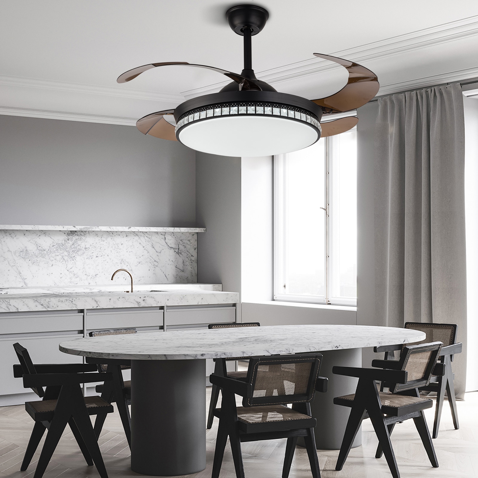 42-Inch Black Retractable Blade LED Chandelier Ceiling Fan
