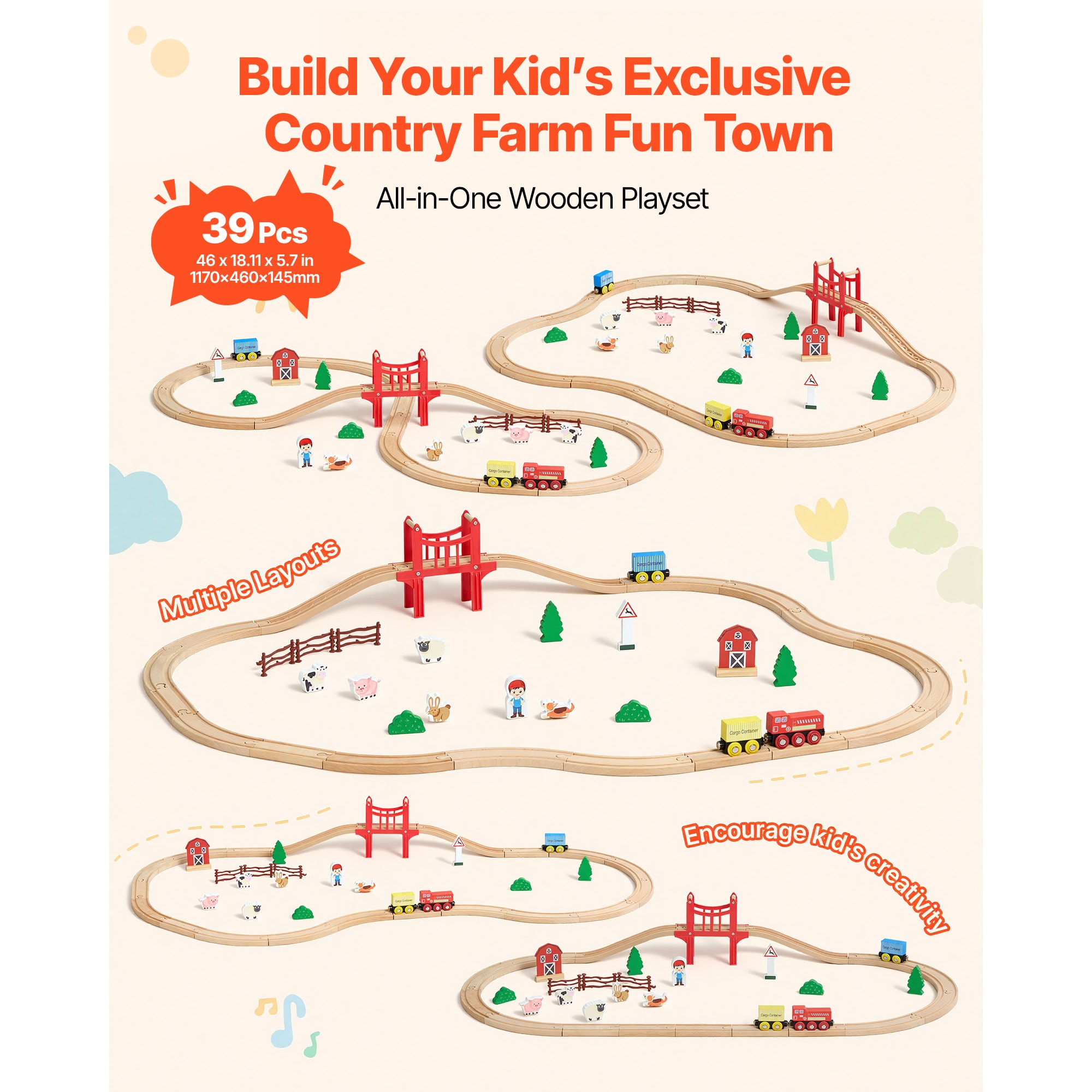 GIVIMO 39 Piece Wooden Train Set with Magnetic Trains for Kids and