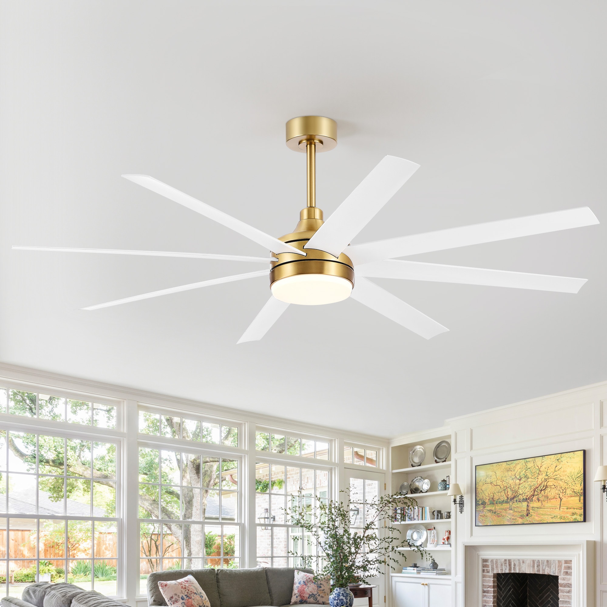 Flashwind 65-in Contemporary Brushed Gold with White ABS Blades LED Ceiling Fan With Remote Control Included 8-Blade