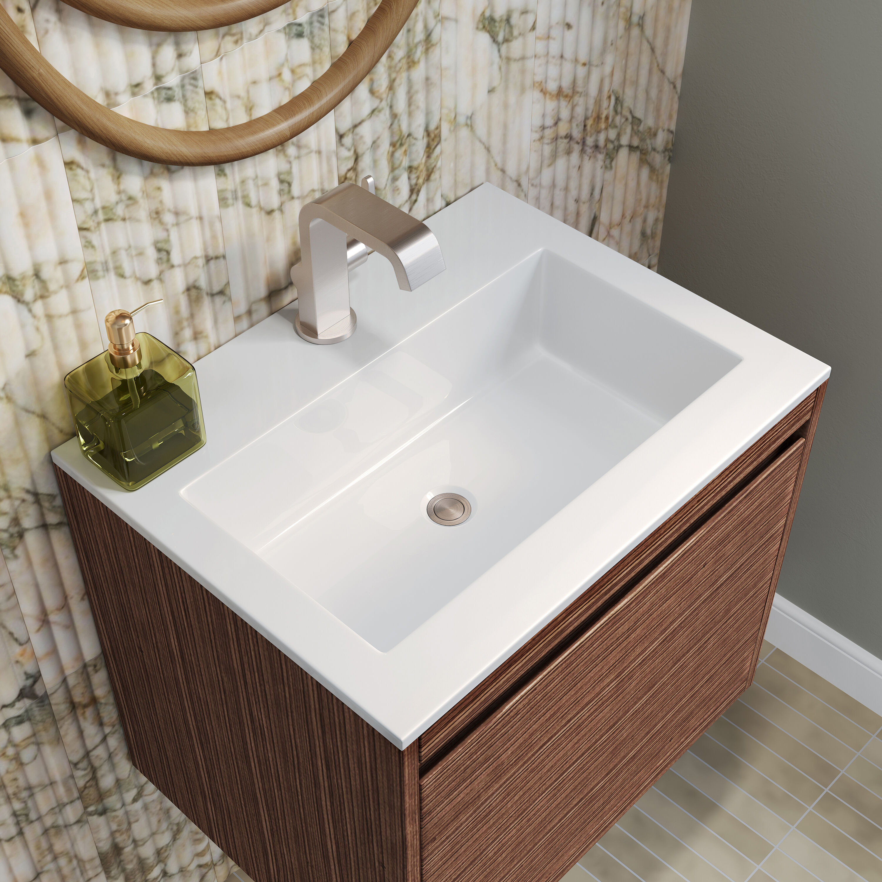 Mid-Century Walnut Single Vanity with Glossy White Top