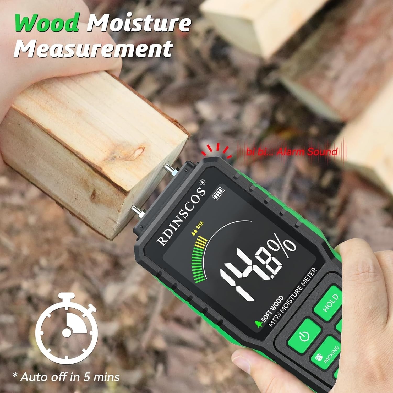 Etokfoks  Pin Type Moisture Meter for Wood and Walls 12mm Deep Pins Color LCD Auto Alarm 4 Wood Modes 1 Pack