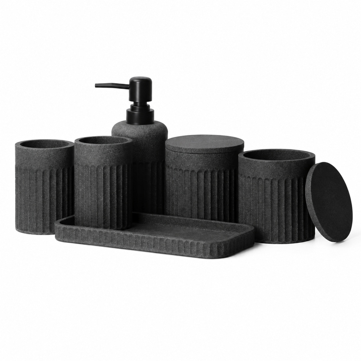 Aoibox  6 Piece Resin Bathroom Accessory Set Dark Grey Soap Dispenser Toothbrush Holder Tumbler Tray Q tip Jars