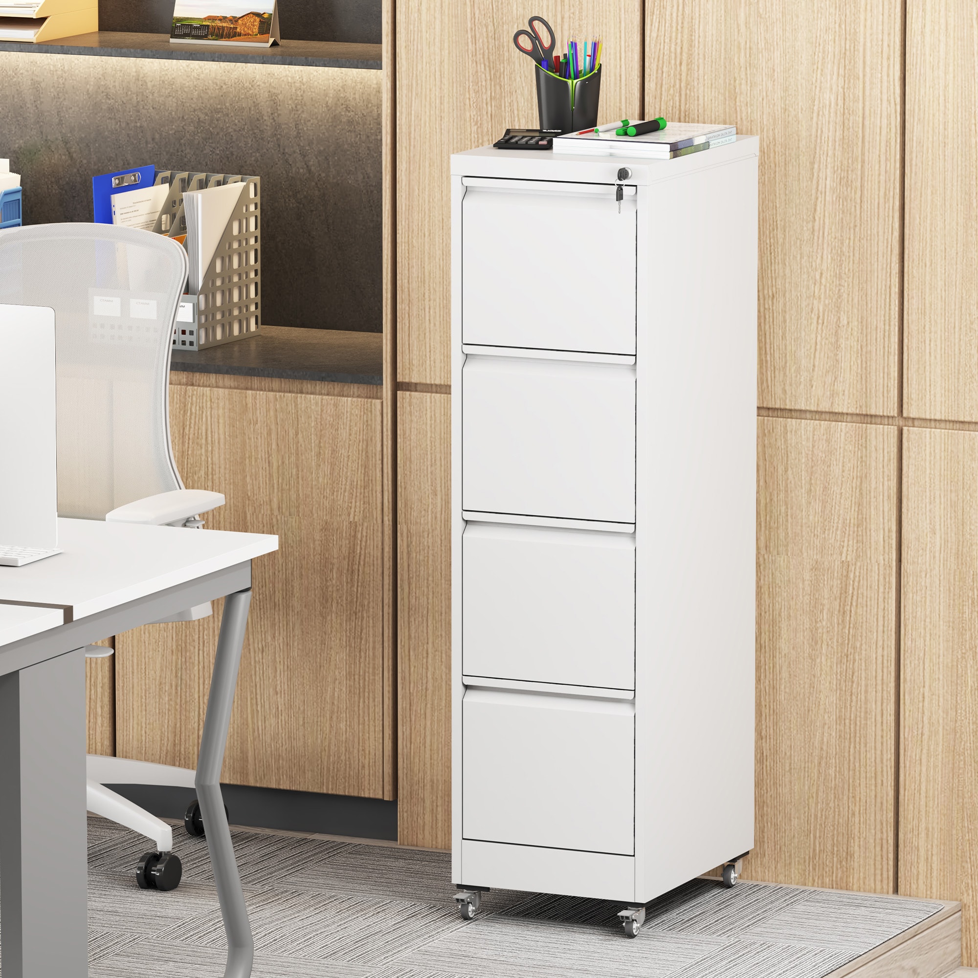 LOVMOR SF-Y-T2398P310005 4 Drawer Metal Locking Vertical File Cabinet on Wheels Heavy Duty Lockable Cabinet
