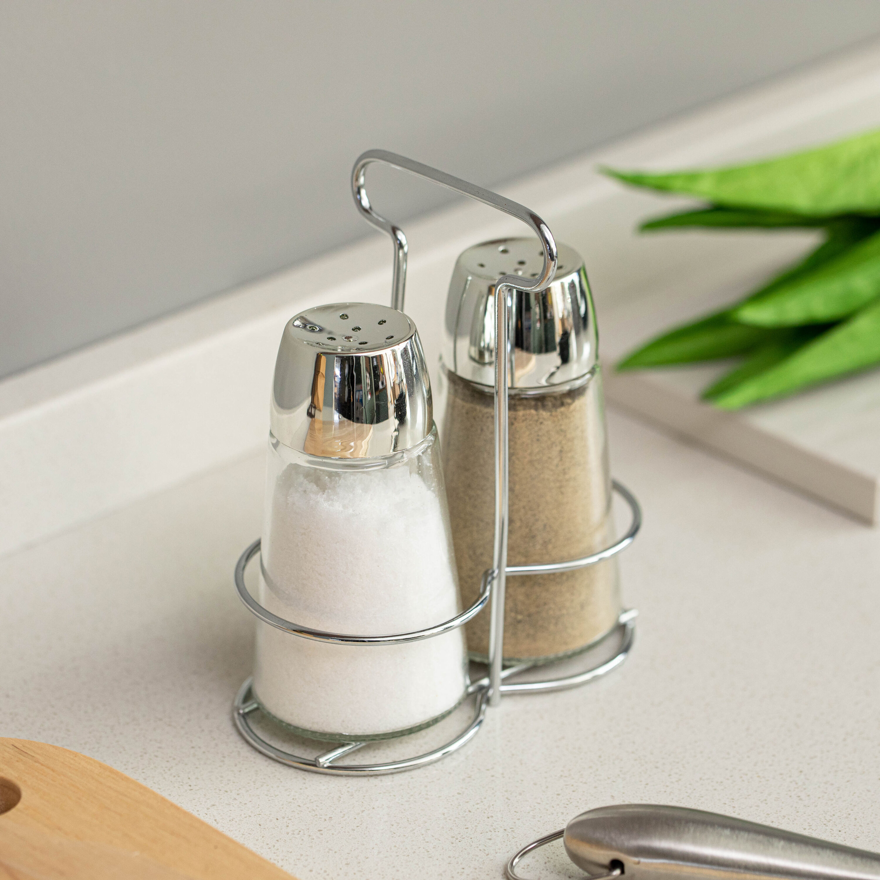 Elegant Glass Salt and Pepper Shaker Set with Stainless Steel Holder
