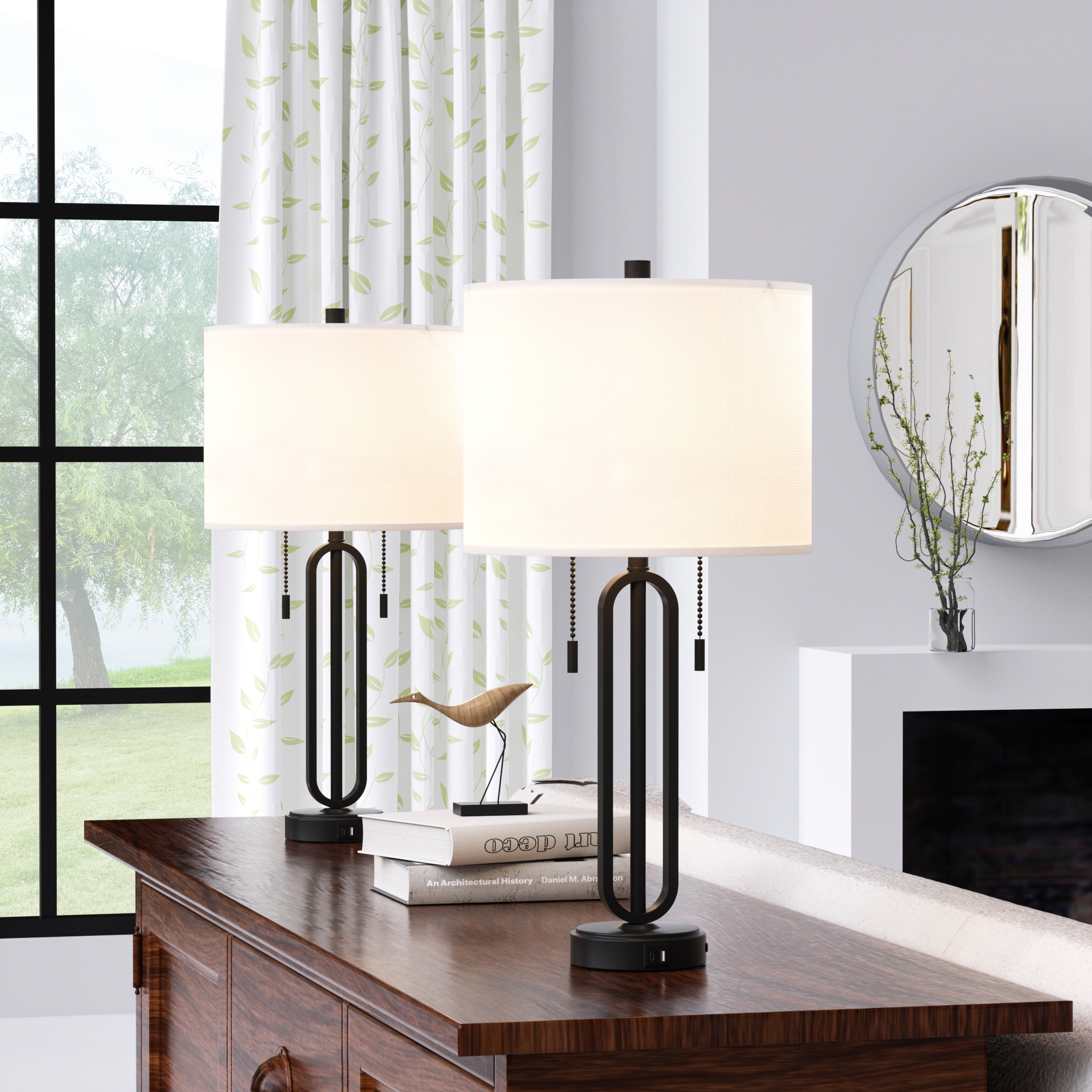 Maxax T238-BK Deluxe 26.5-in Black LED Incandescent Pull-chain Table Lamp with Linen Shade 2 -Set