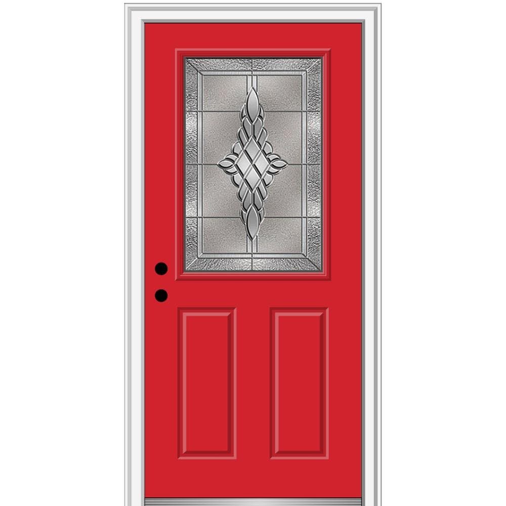 MMI DOOR ZZ3667577R 36-in x 80-in x 6-9/16-in Fiberglass Half lite Right-hand inswing Red Saffron Painted Prehung Front Door with Brickmould Insulating core