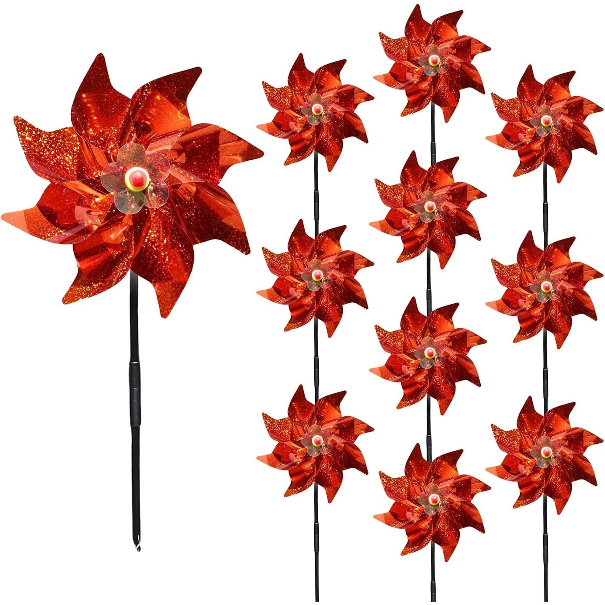 Numhew 9.5in Dia 10-Pack Orange Reflective Pinwheels Wind Spinners Outdoor Bird Repellent