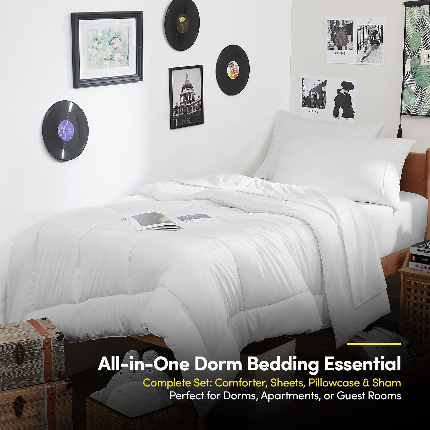 Sweet Home Collection 7PC Campus Ready Dorm Twin XL Bedding Bundle Solid Comforter Pillows and Sheet Set White