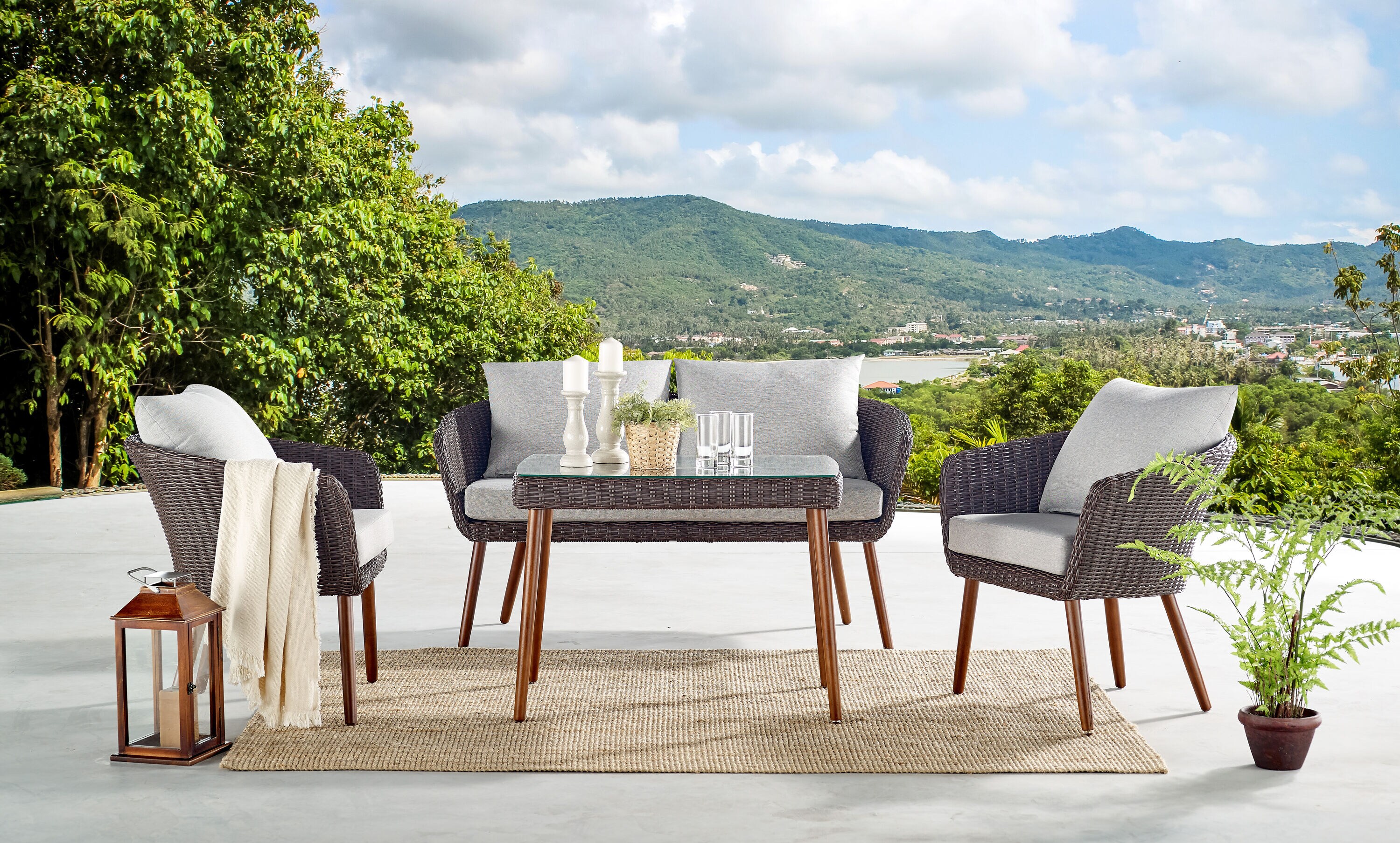 Athens Dark Brown Wicker and Glass Outdoor Cocktail Table