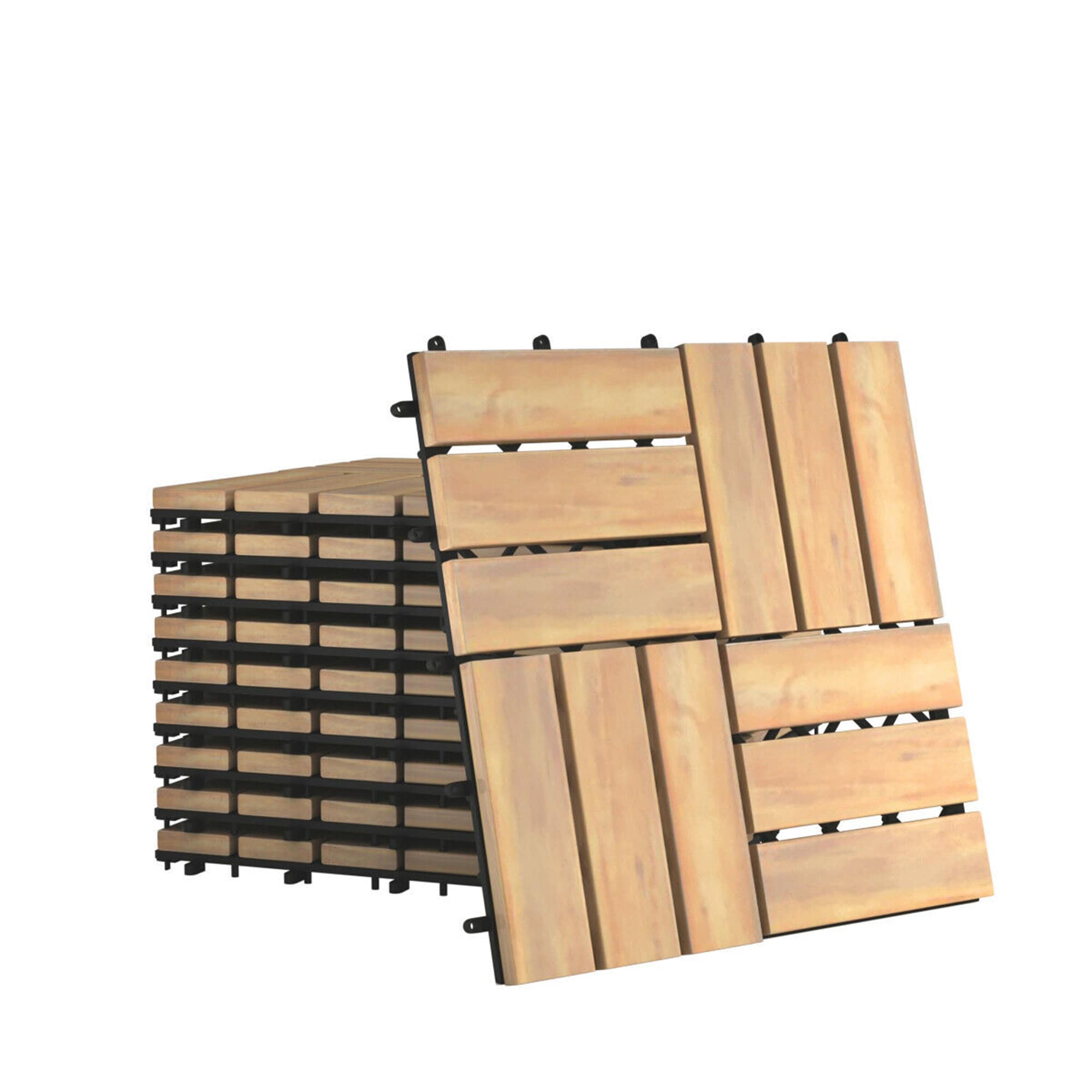 Costway  10PCS 12'' x 12'' Acacia Wood Deck Tiles Interlocking Patio Pavers Check Pattern