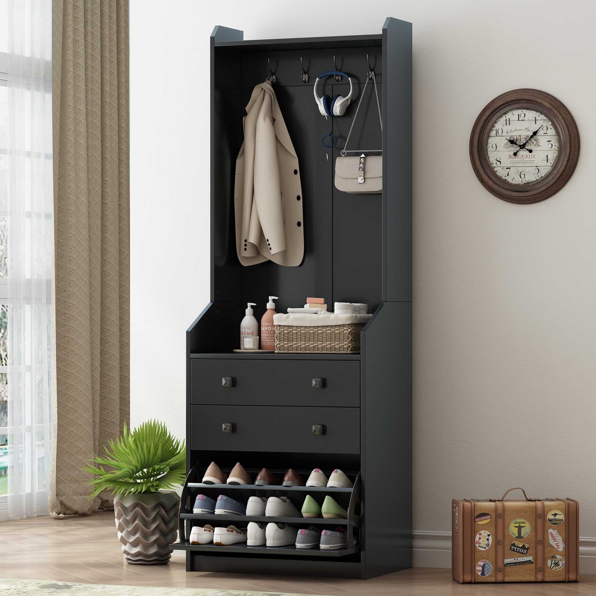 Yiekholo LL-1480AAB Casual 27.5-Inches Black Wood Hall Tree