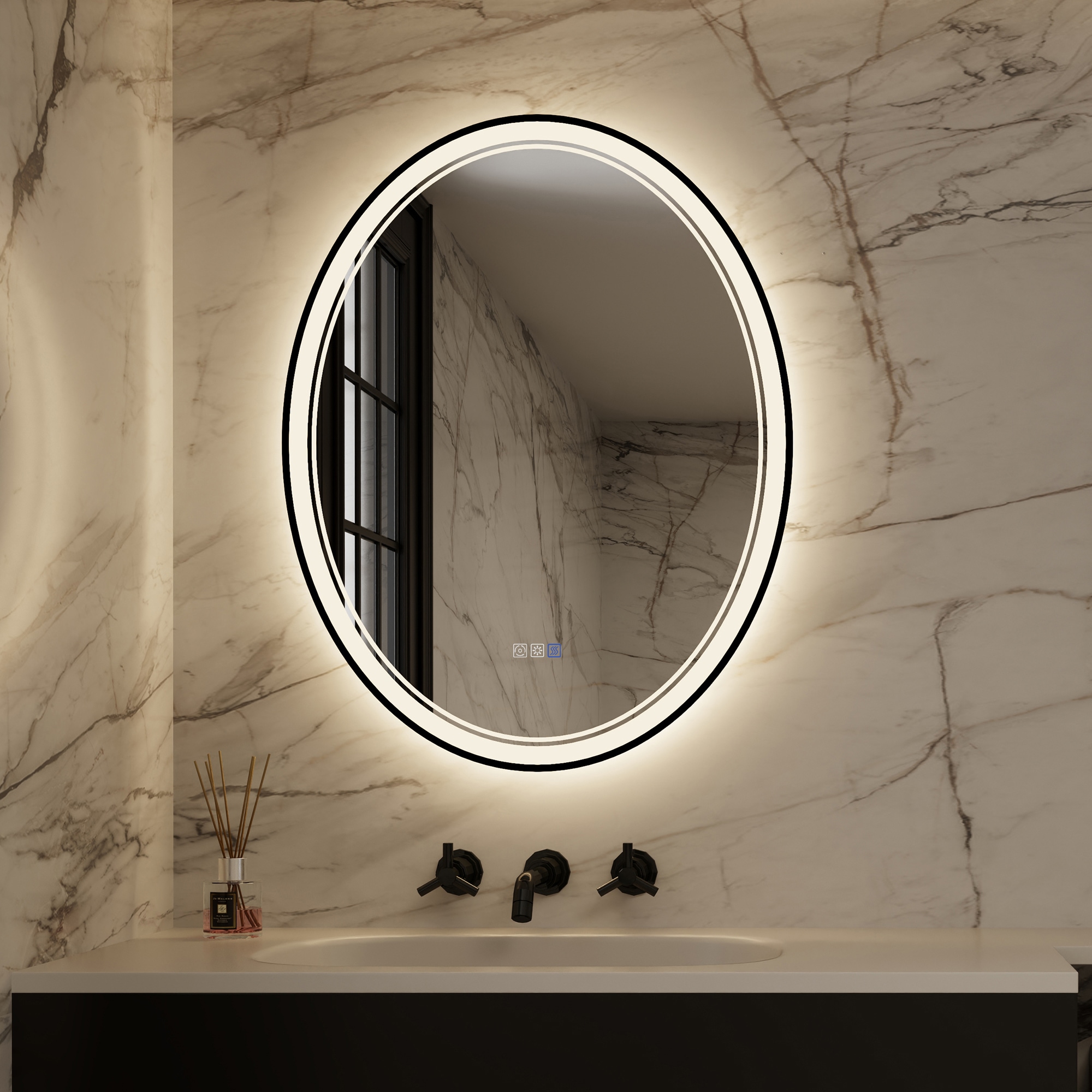 ExBrite DHBM2432BS BlackLine 28-in x 36-in Polished Frameless Oval Dimmable LED Lighted Fog Free Bathroom Vanity Mirror ( White )
