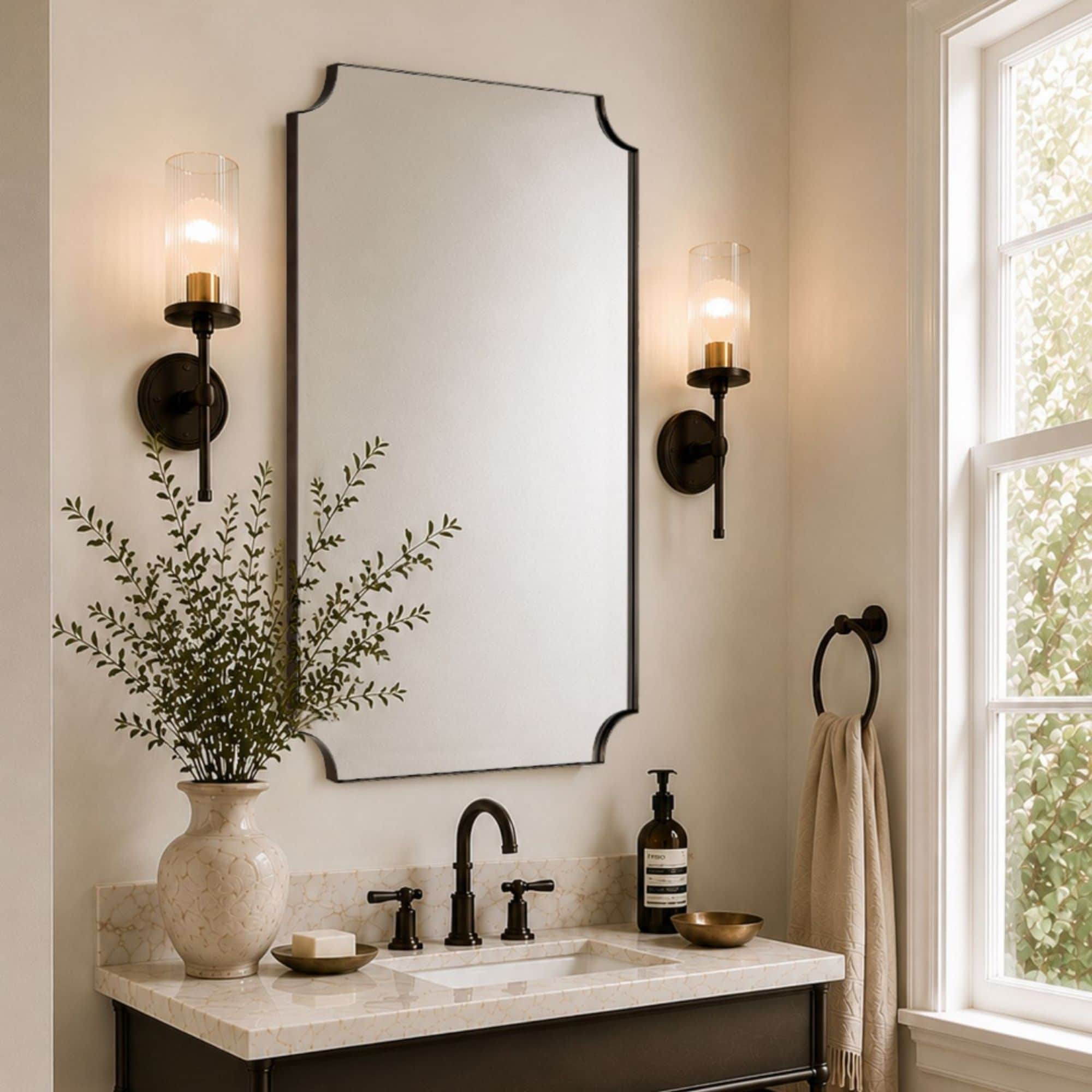 TEHOME  20 in W x 30 in H Scalloped Octagonal Metal Framed Wall Mounted Bathroom Vanity Mirror in Oil Rubbed Bronze