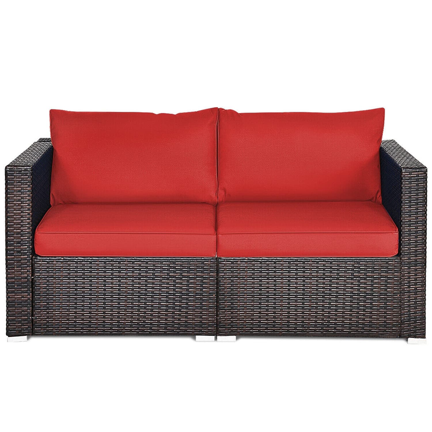 WELLFOR OUGN68681ARE+ 2 -Piece Rattan Patio Conversation Set with Red Cushions