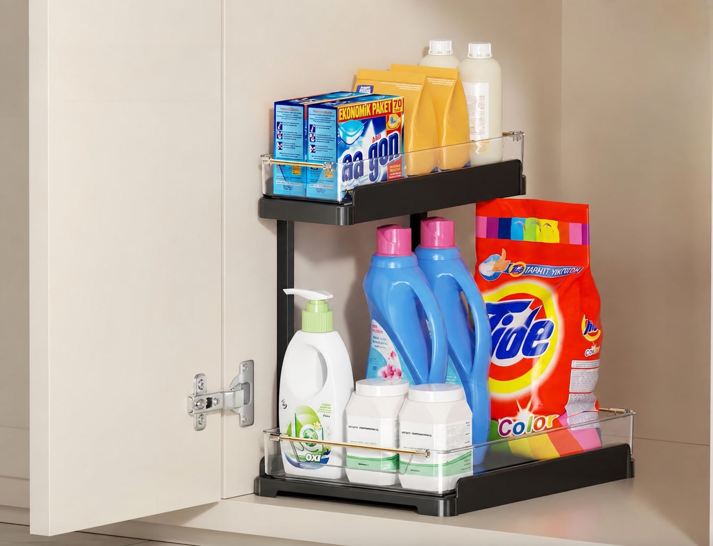 UUDULY  2 pack under sink storage organizer white tool free assembly with removable washable trays fits kitchen bathroom cabinet laundry and