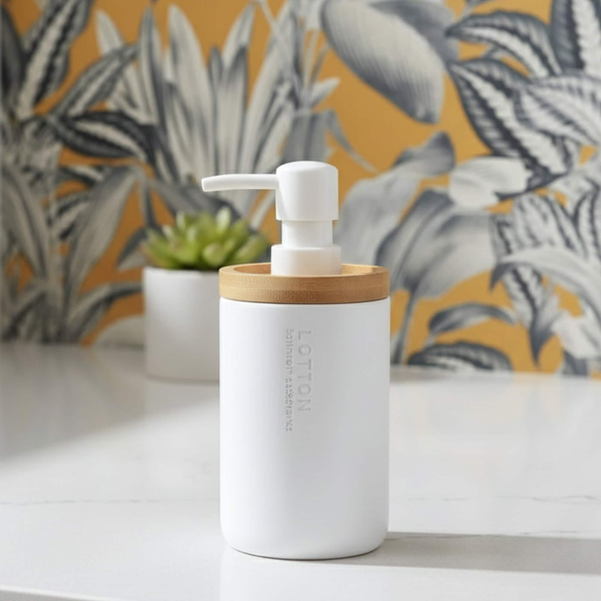 EVIDECO FRENCH HOME GOODS 9-fl oz Pure Matte White Soap Dispenser with Natural Bamboo Top - Polyresin Liquid Pump - Modern Bathroom Accessory