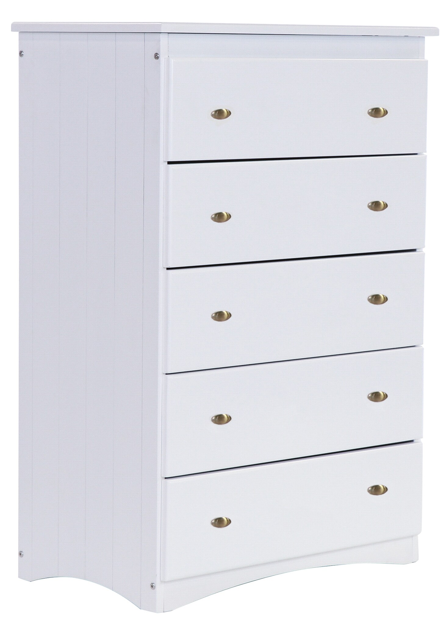 OSHOME 80255-22 This sturdily constructed solid wood white painted five drawer chest will give you years of service. Features unique, framed side panels and striking brushed silver finish on the drawers.  Drawers operate smoothly with nylon rollers on metal guides.
