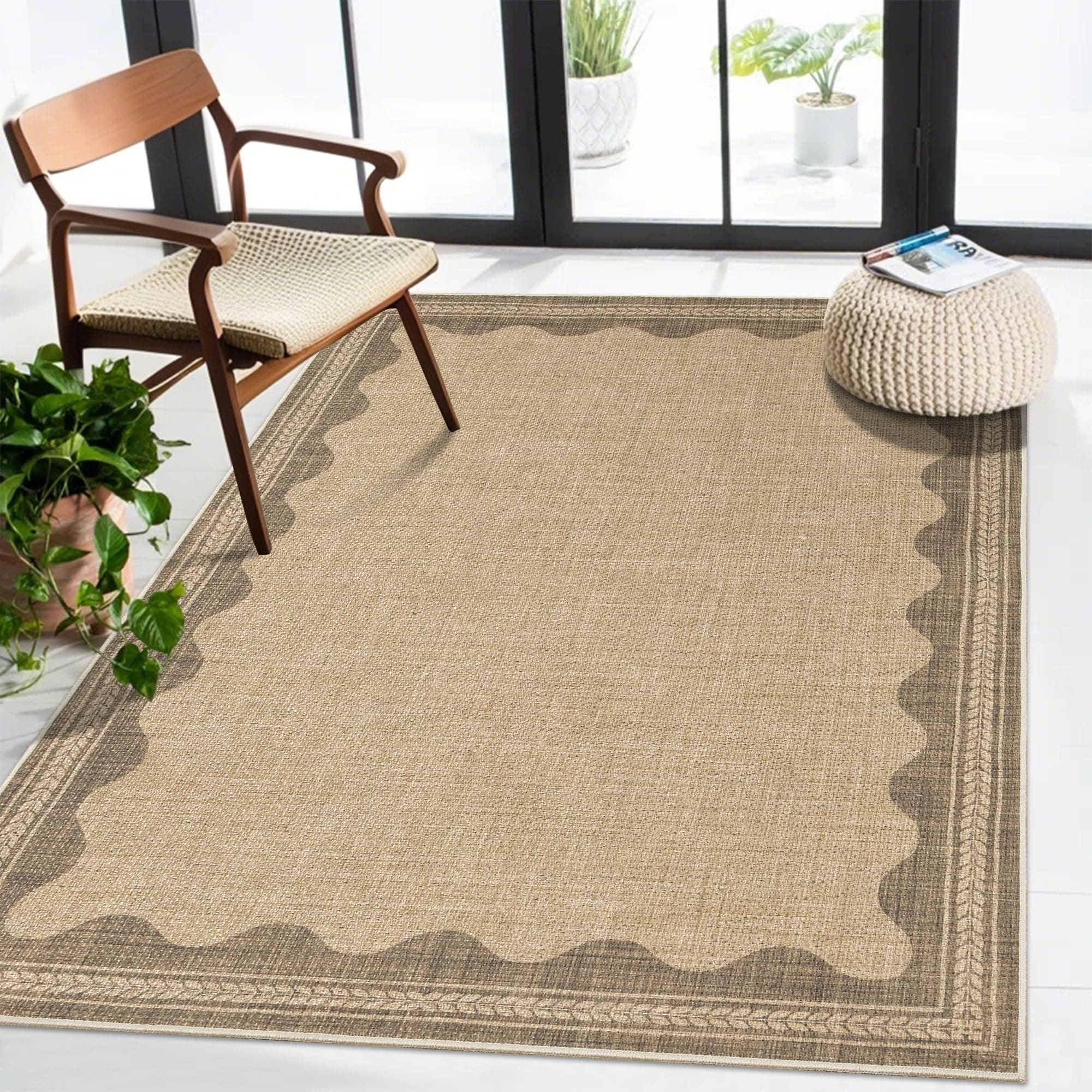 PIGFDK Tan Scalloped 3x5ft Striped Easy Jute Look Rug Indoor Outdoor Washable Non Slip Low Pile Durable for Living Room Bedroom Patio Office