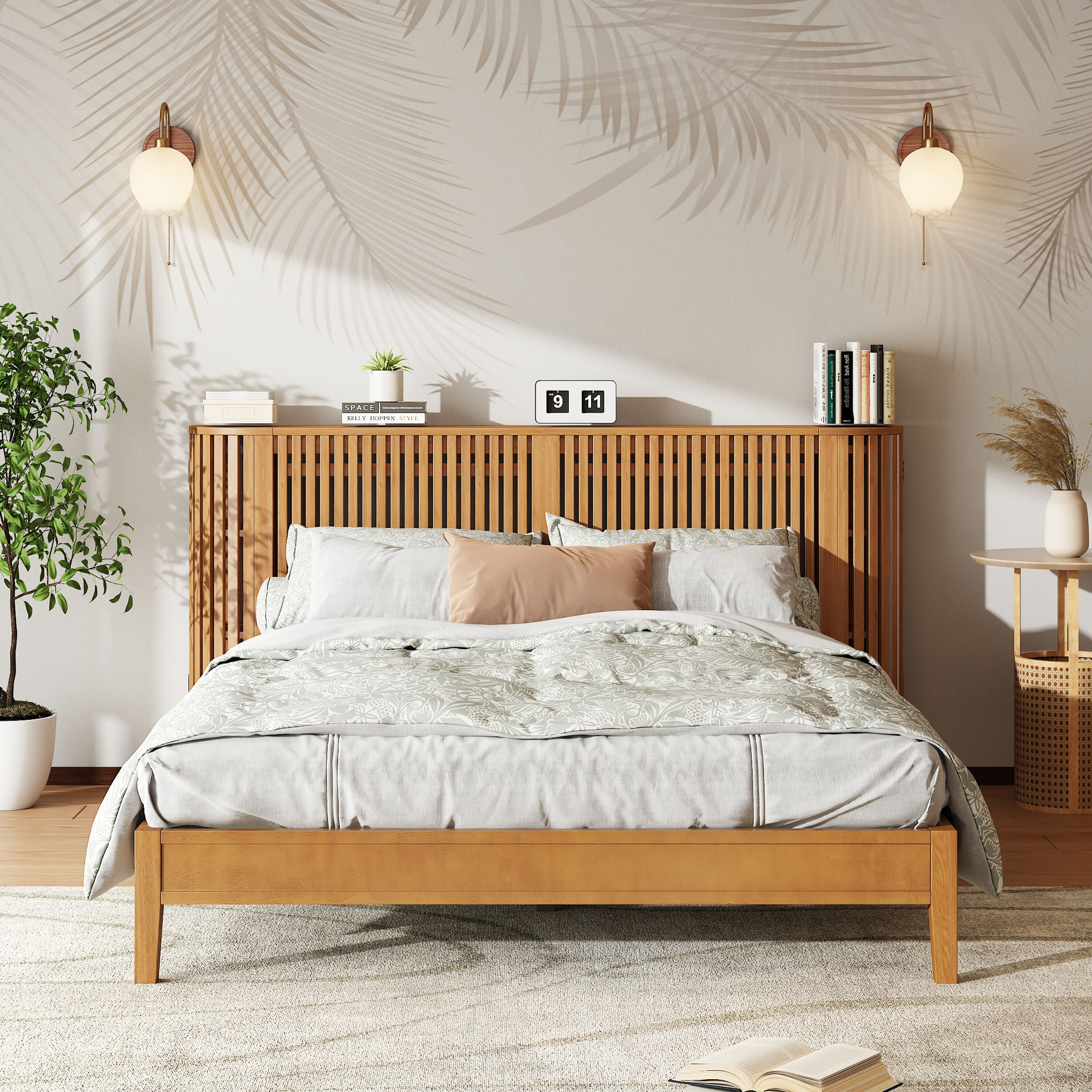 Christopher Knight Home 338858 Platform Bed Queen Size Solid Wood with Slat Headboard and Side Storage Natural