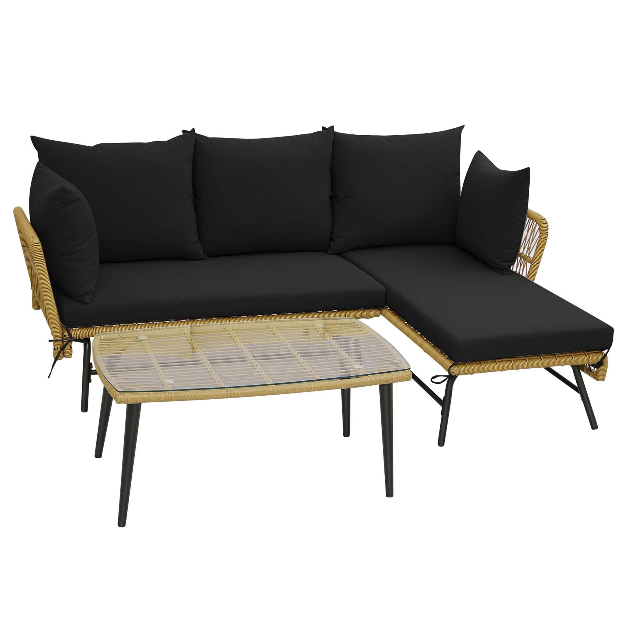 Costway HW71133BK+ 3 -Piece Rattan Patio Sofa Conversation Set with Black Cushions