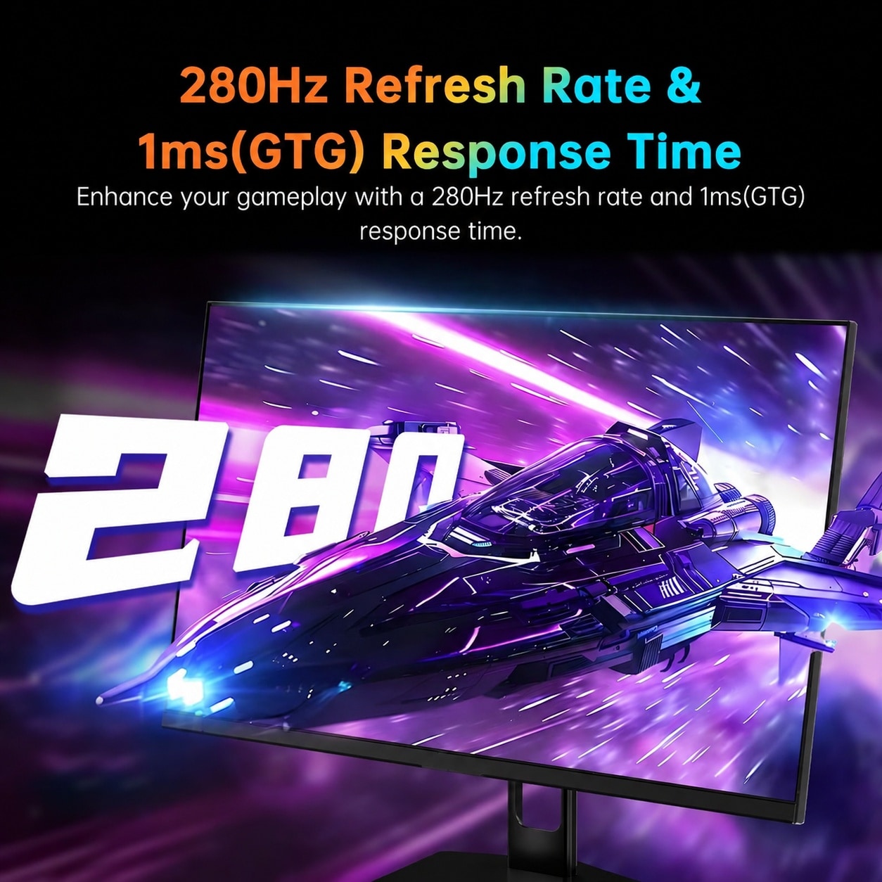 Etokfoks  27 inch gaming monitor Fast VA FHD 1920 x 1080 panel with up to 280Hz refresh via DP 240Hz via HDMI 1ms GTG response 126 percent