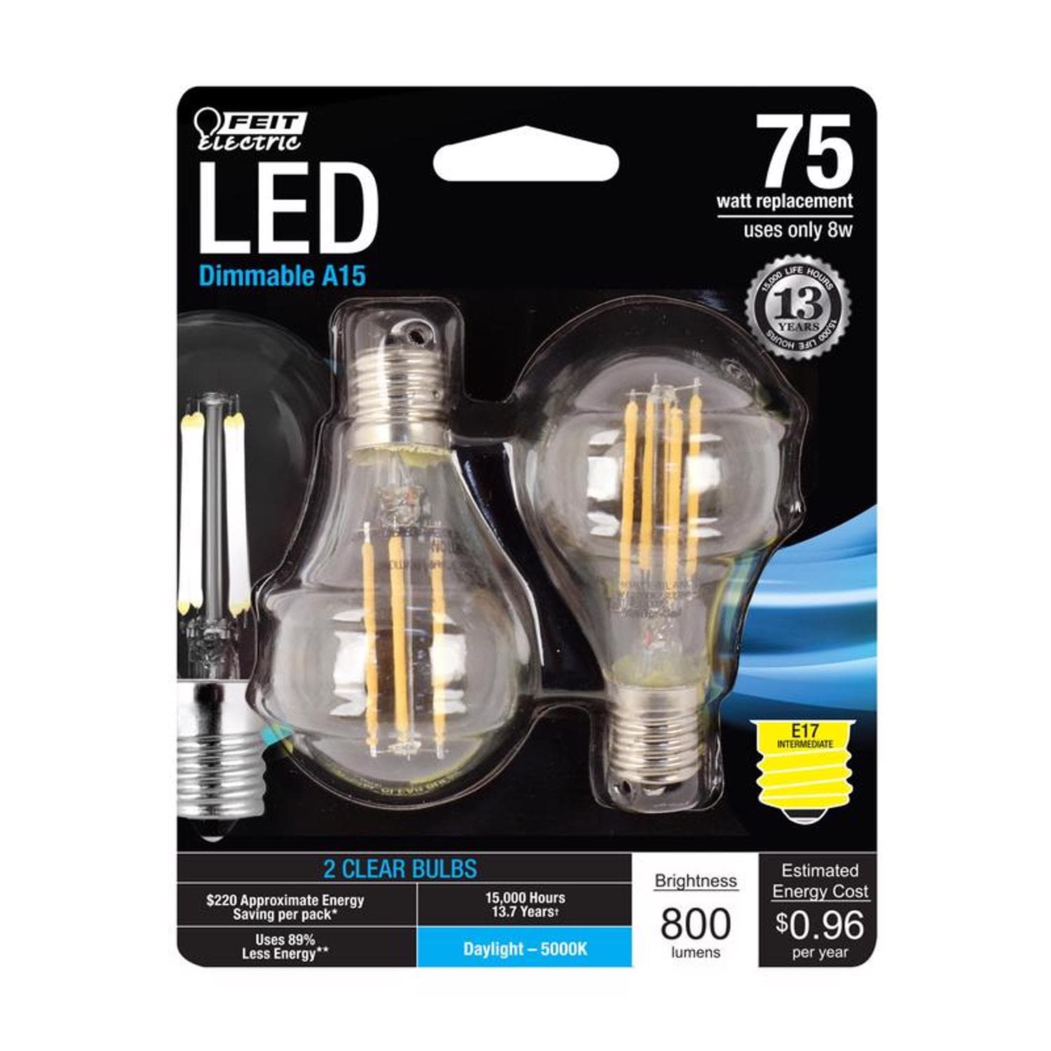 Feit Electric EJD3001949 A15 E17 Intermediate Filament LED Bulb Daylight 75 Watt Equivalence 2 pk